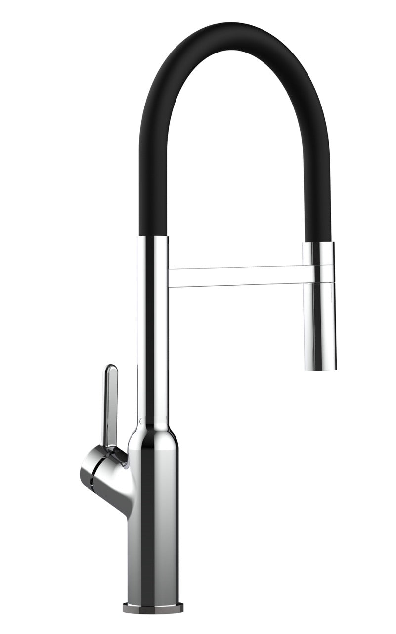 Kitchen Tap, Single lever, BOD, with 360° swivel spout and 2-jets removable Spray, Chrome / Black