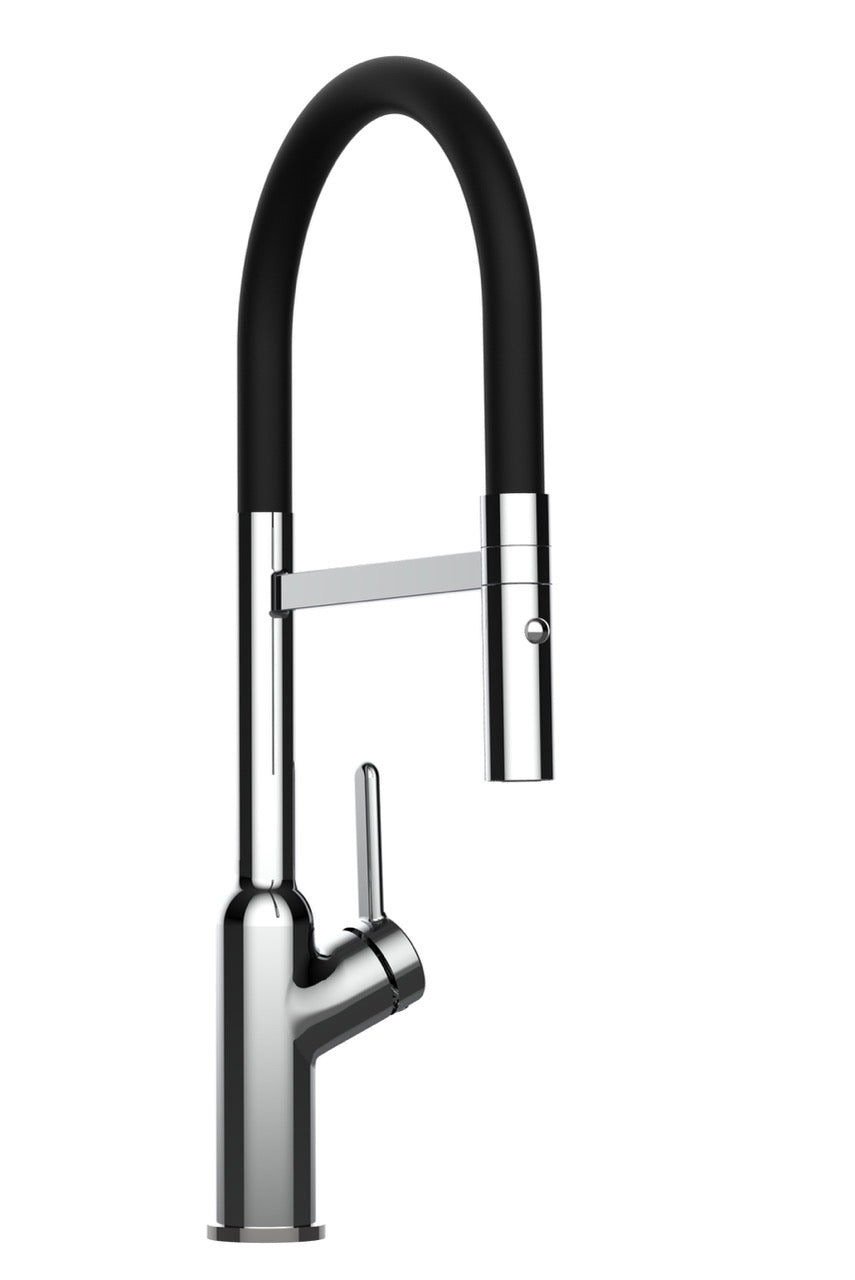 Kitchen Tap, Single lever, BOD, with 360° swivel spout and 2-jets removable Spray, Chrome / Black
