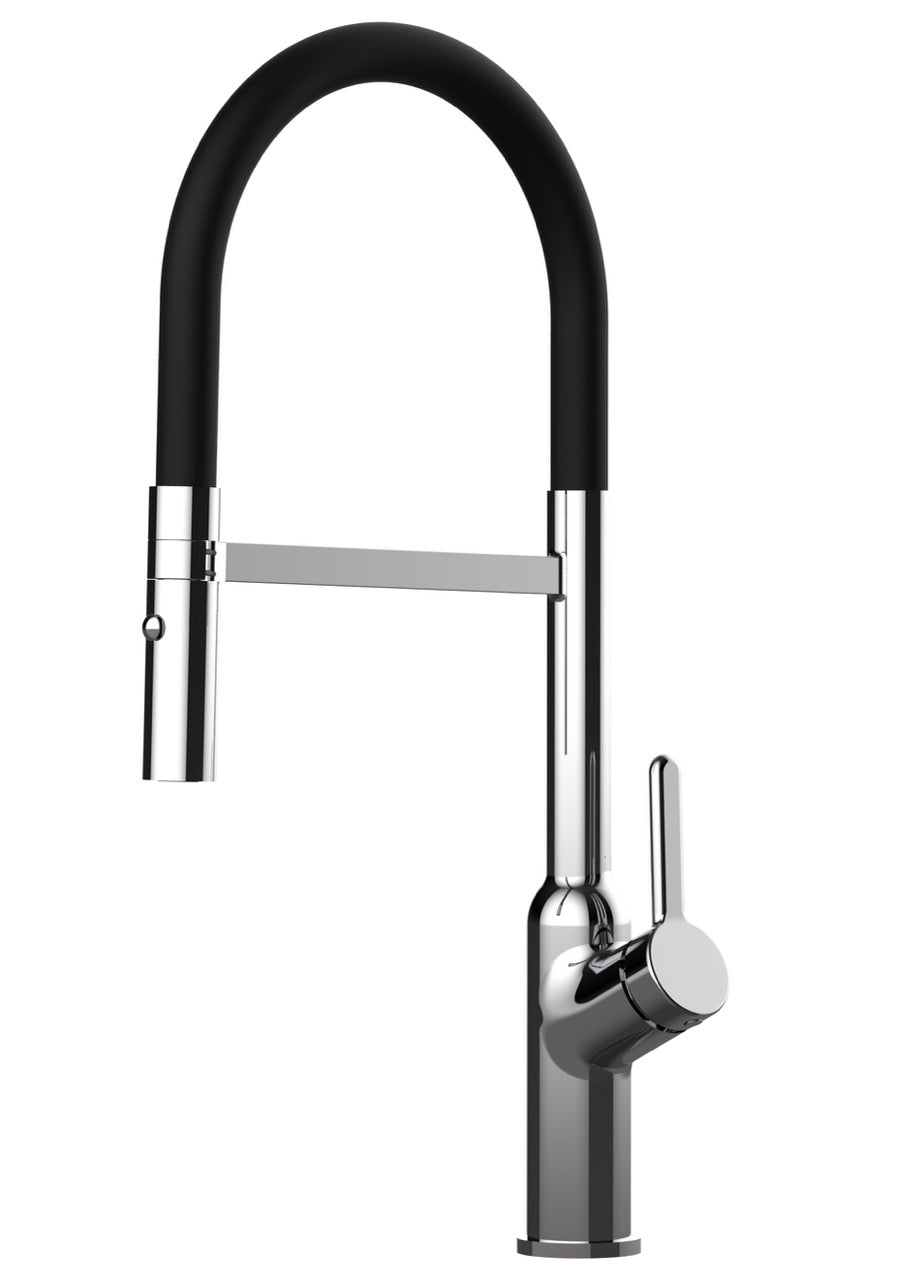 Kitchen Tap, Single lever, BOD, with 360° swivel spout and 2-jets removable Spray, Chrome / Black