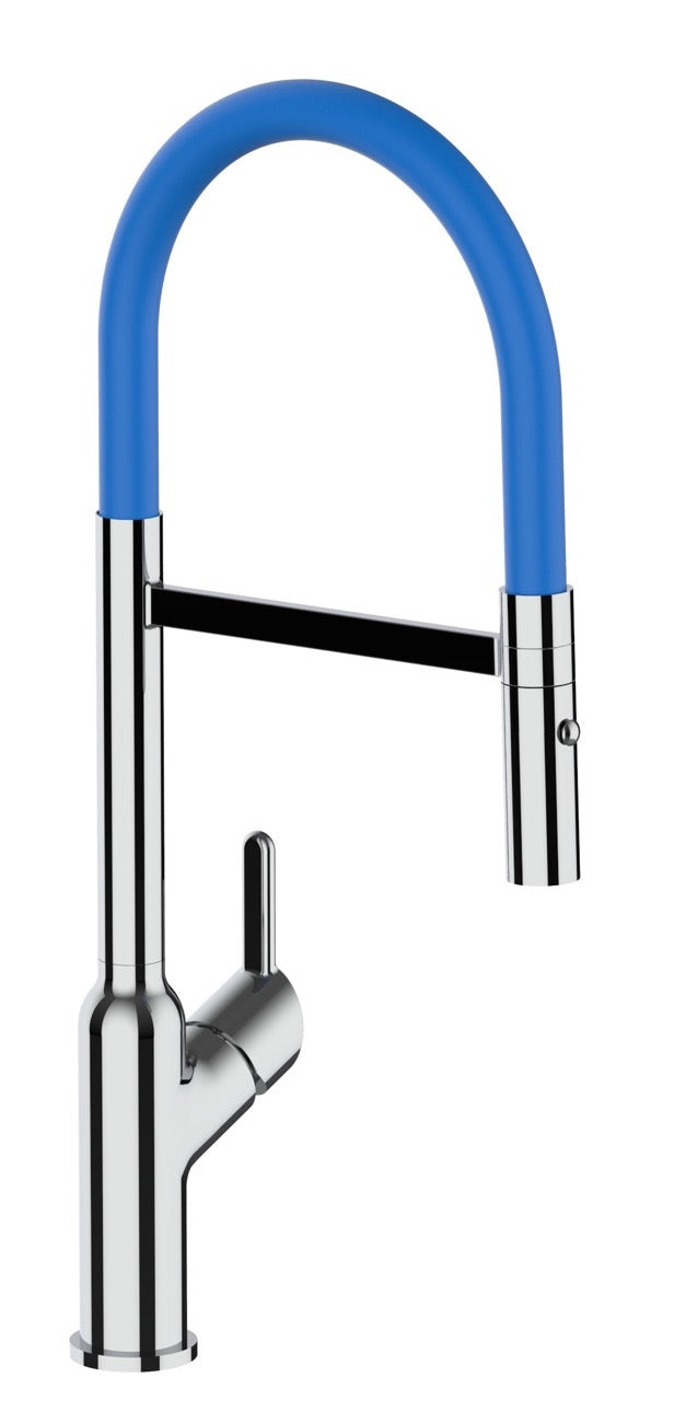 Kitchen Tap, Single lever, BOD, with 360° swivel spout and 2-jets removable Spray, Chrome / Blue