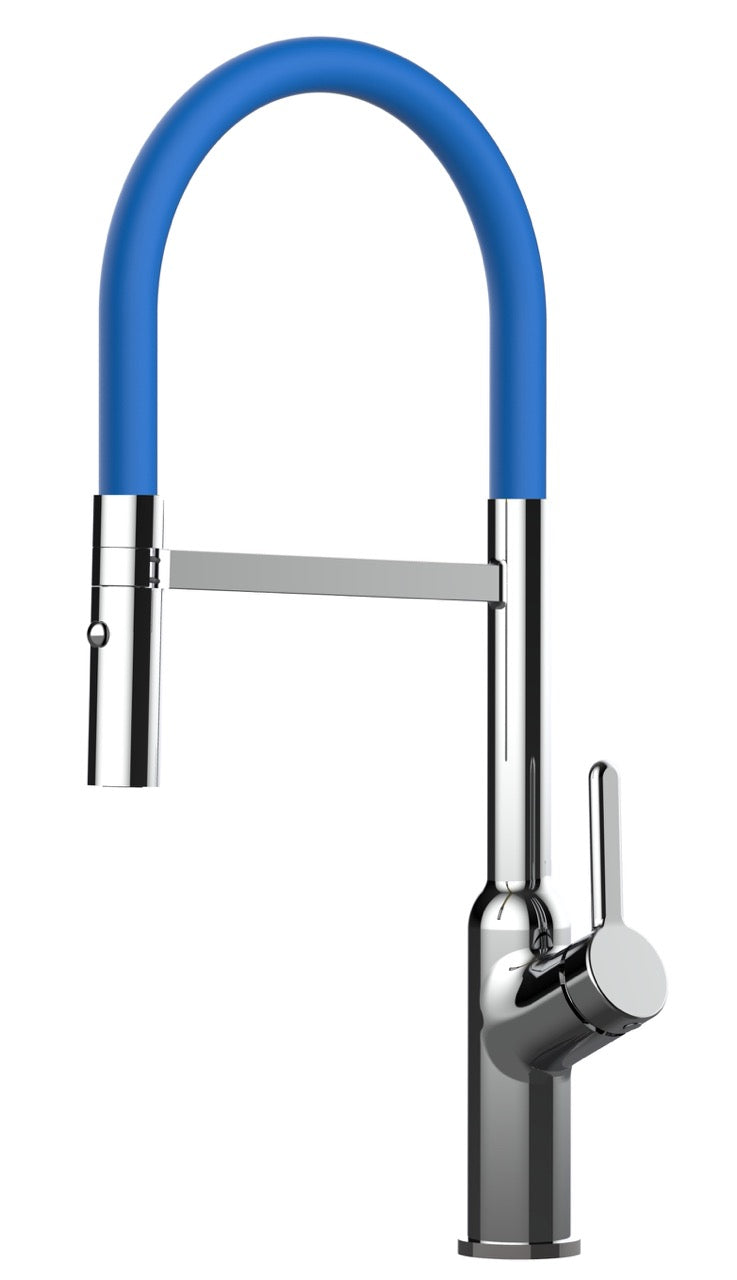 Kitchen Tap, Single lever, BOD, with 360° swivel spout and 2-jets removable Spray, Chrome / Blue
