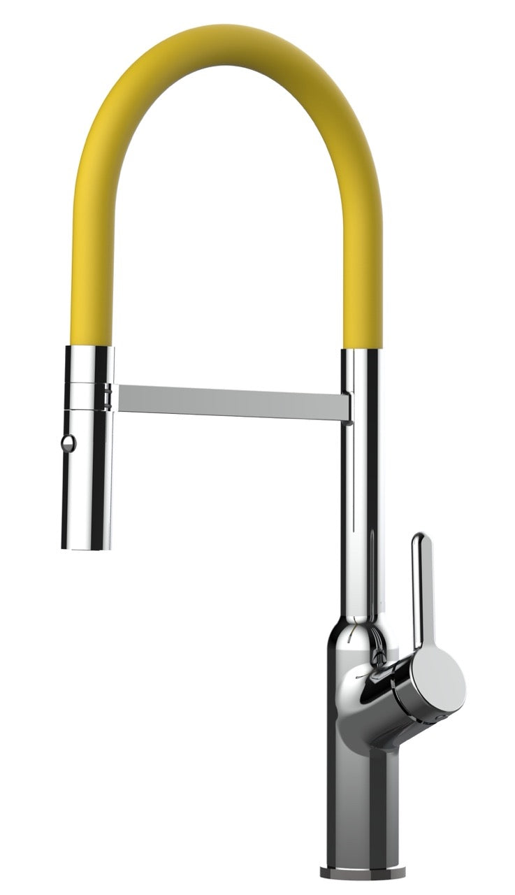 Kitchen Tap, Single lever, BOD, with 360° swivel spout and 2-jets removable Spray, Chrome / Yellow