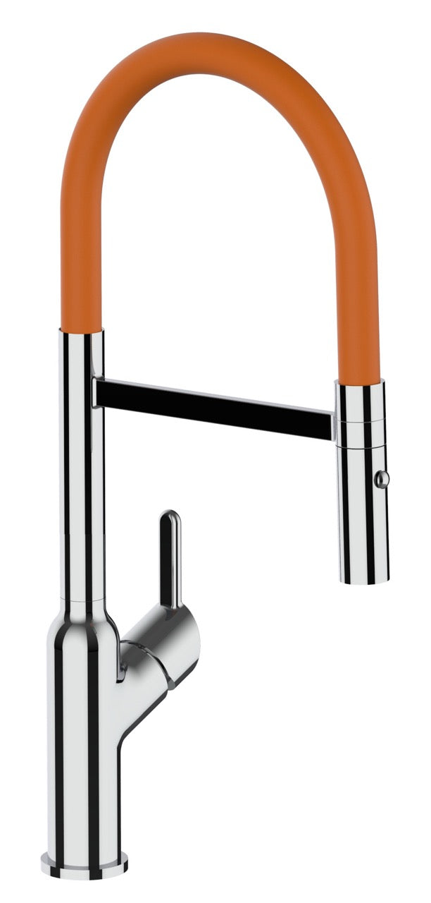 Kitchen Tap, Single lever, BOD, with 360° swivel spout and 2-jets removable Spray, Chrome / Orange