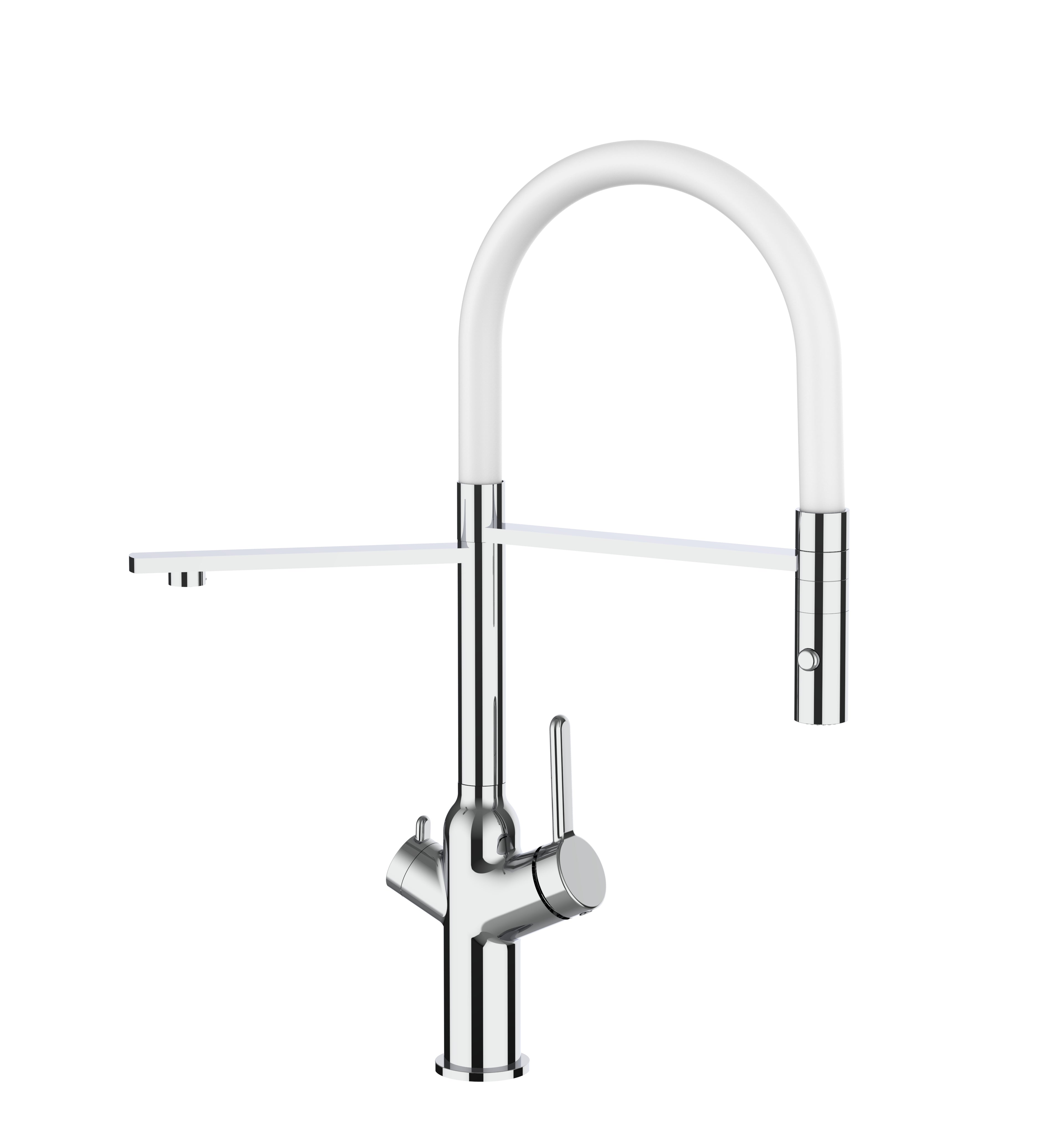 3 Way Kitchen Filter Tap, BOD, with 360° swivel spout and 2-jets removable Spray, Chrome / White