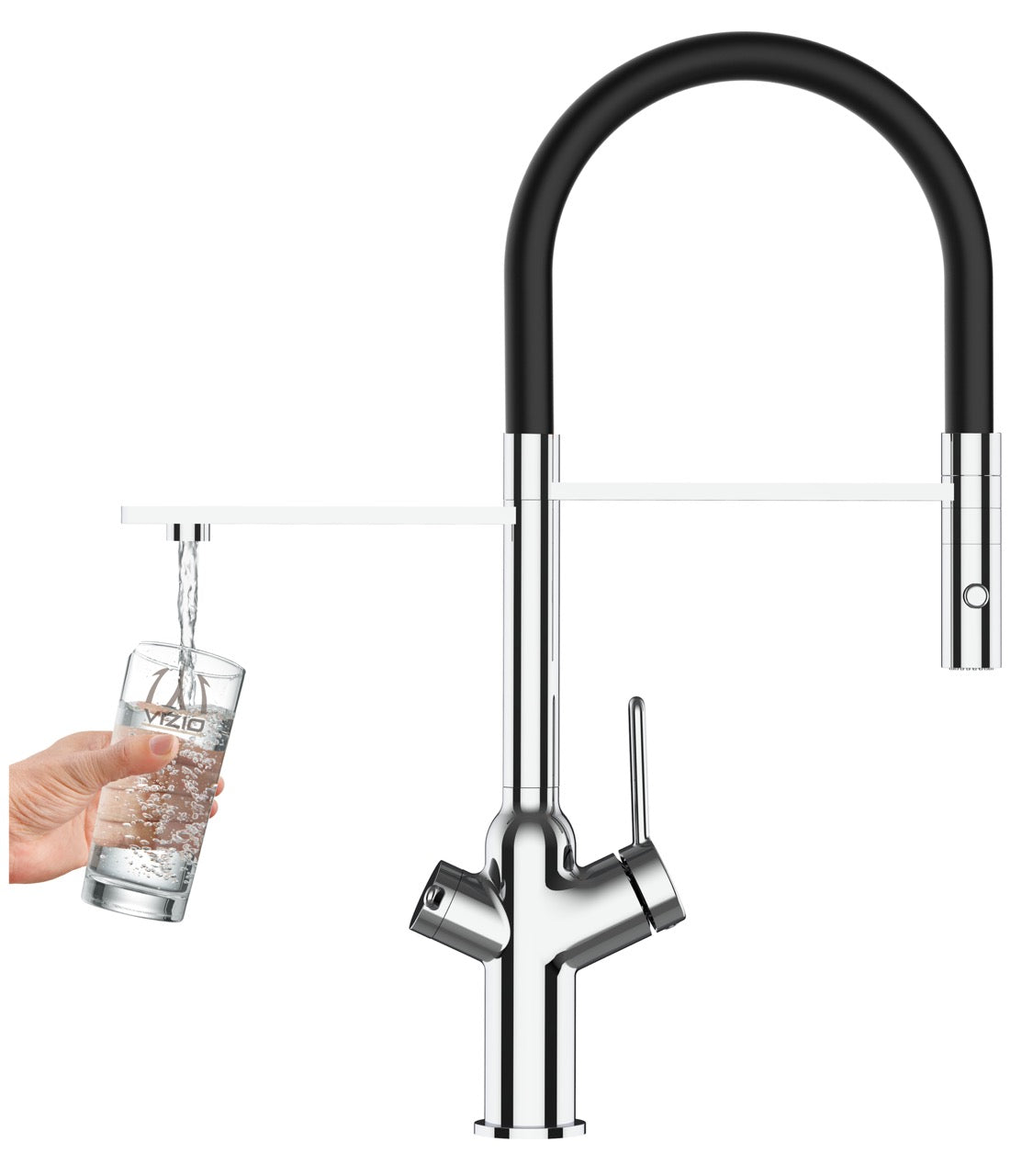 4 Way Kitchen Filter Tap, BOD, with 360° swivel spout and 2-jets removable Spray, Chrome / Black