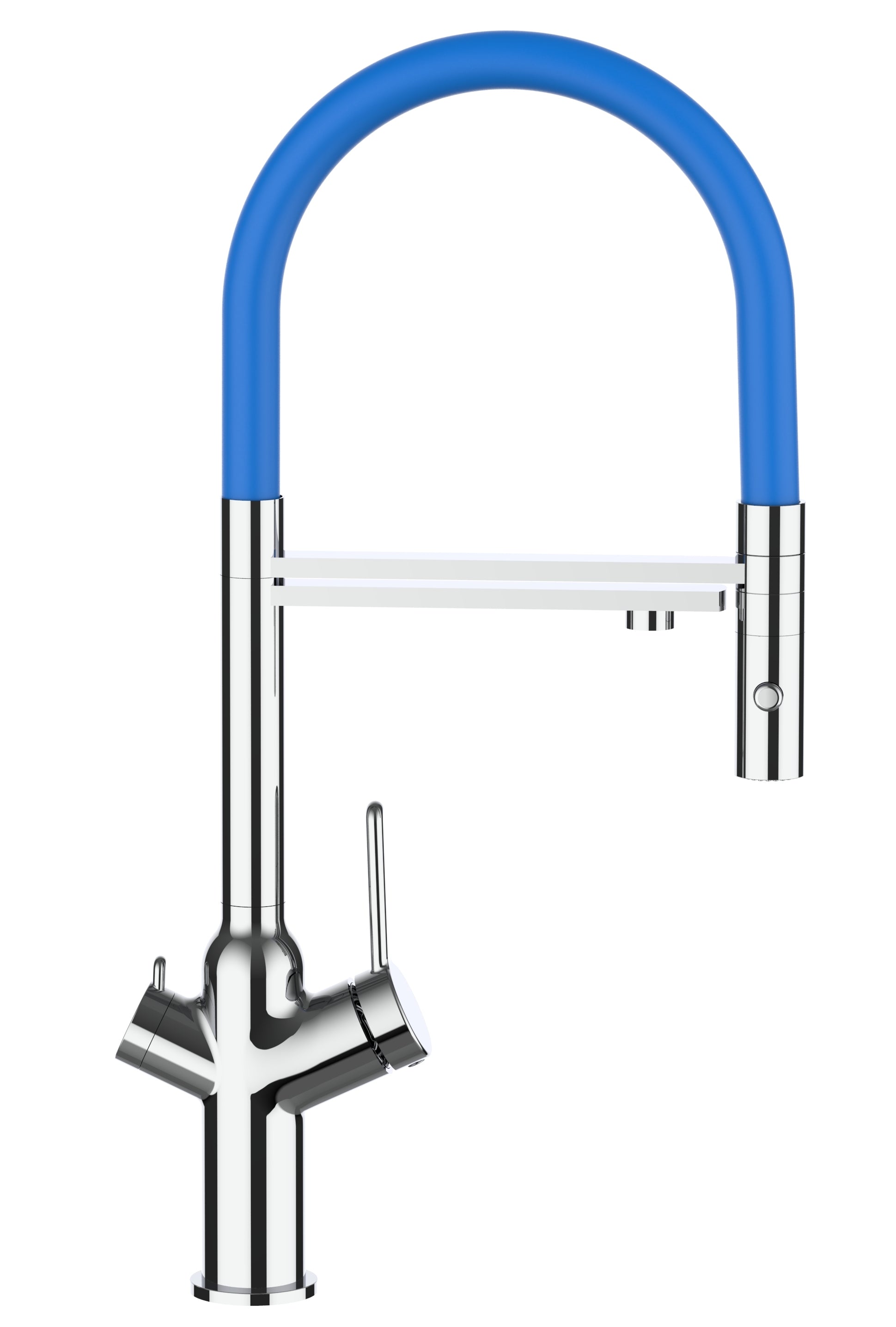 3 Way Kitchen Filter Tap, BOD, with 360° swivel spout and 2-jets removable Spray, Chrome / Blue