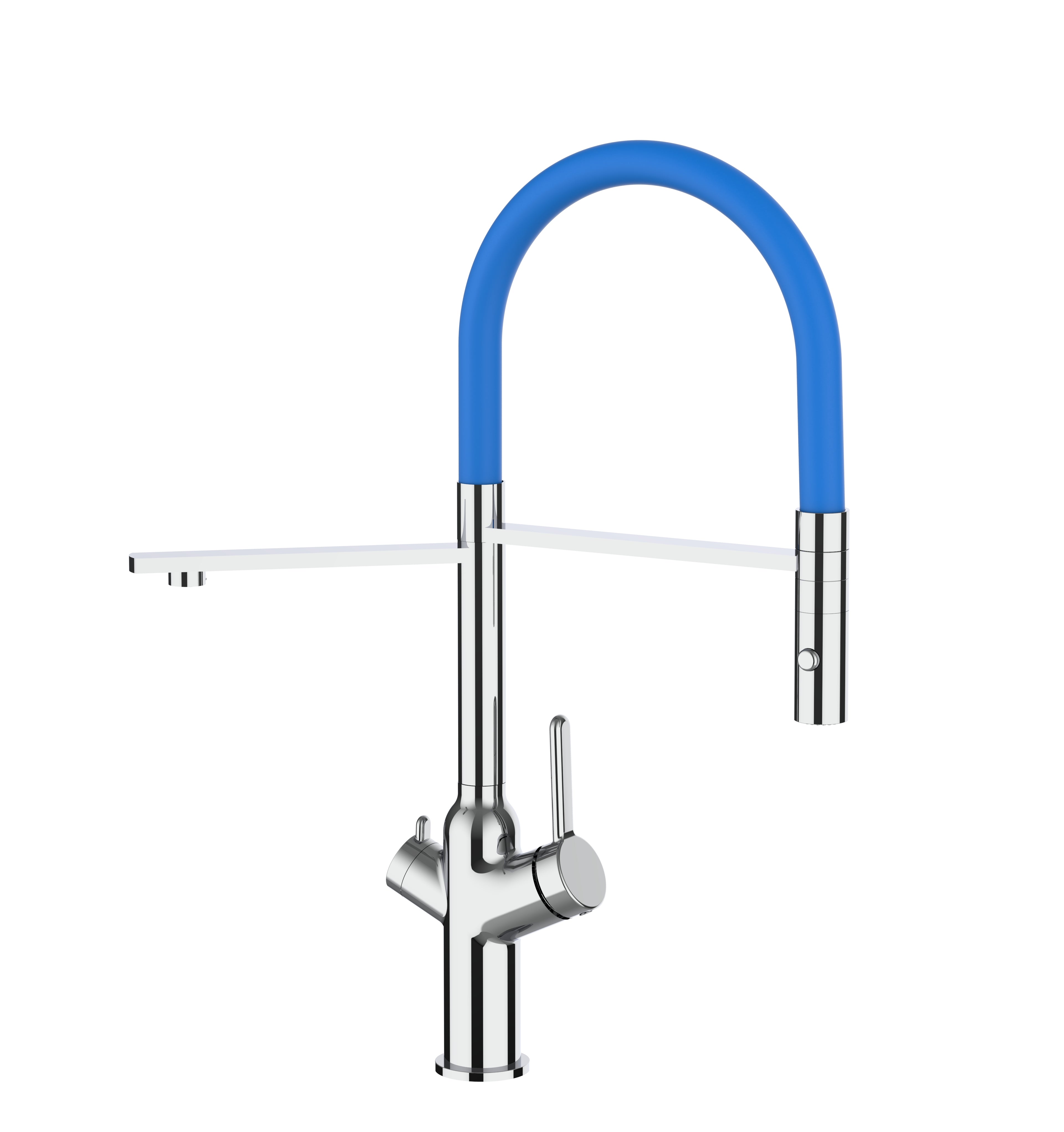 3 Way Kitchen Filter Tap, BOD, with 360° swivel spout and 2-jets removable Spray, Chrome / Blue