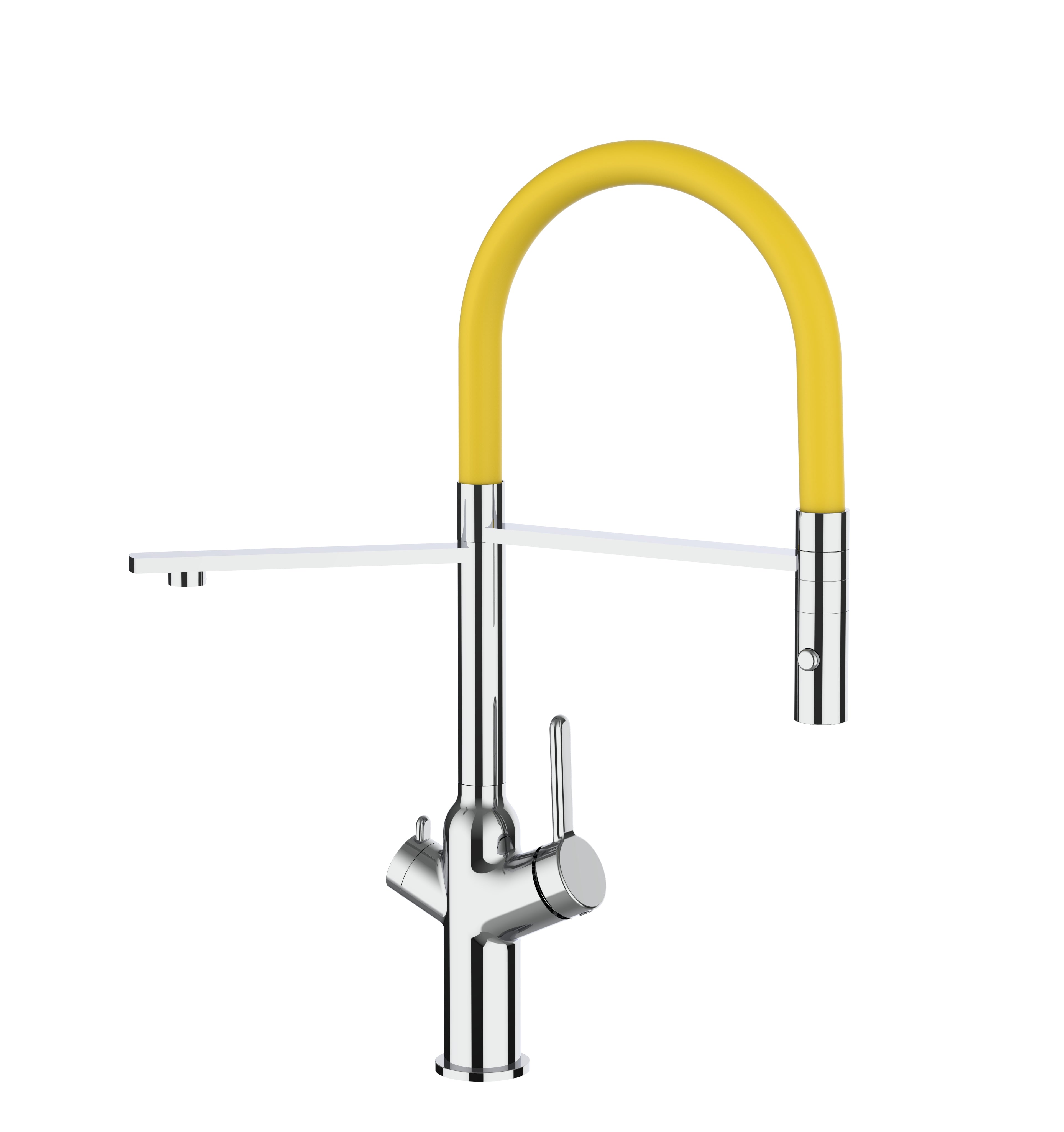 3 Way Kitchen Filter Tap, BOD, with 360° swivel spout and 2-jets removable Spray, Chrome / Yellow