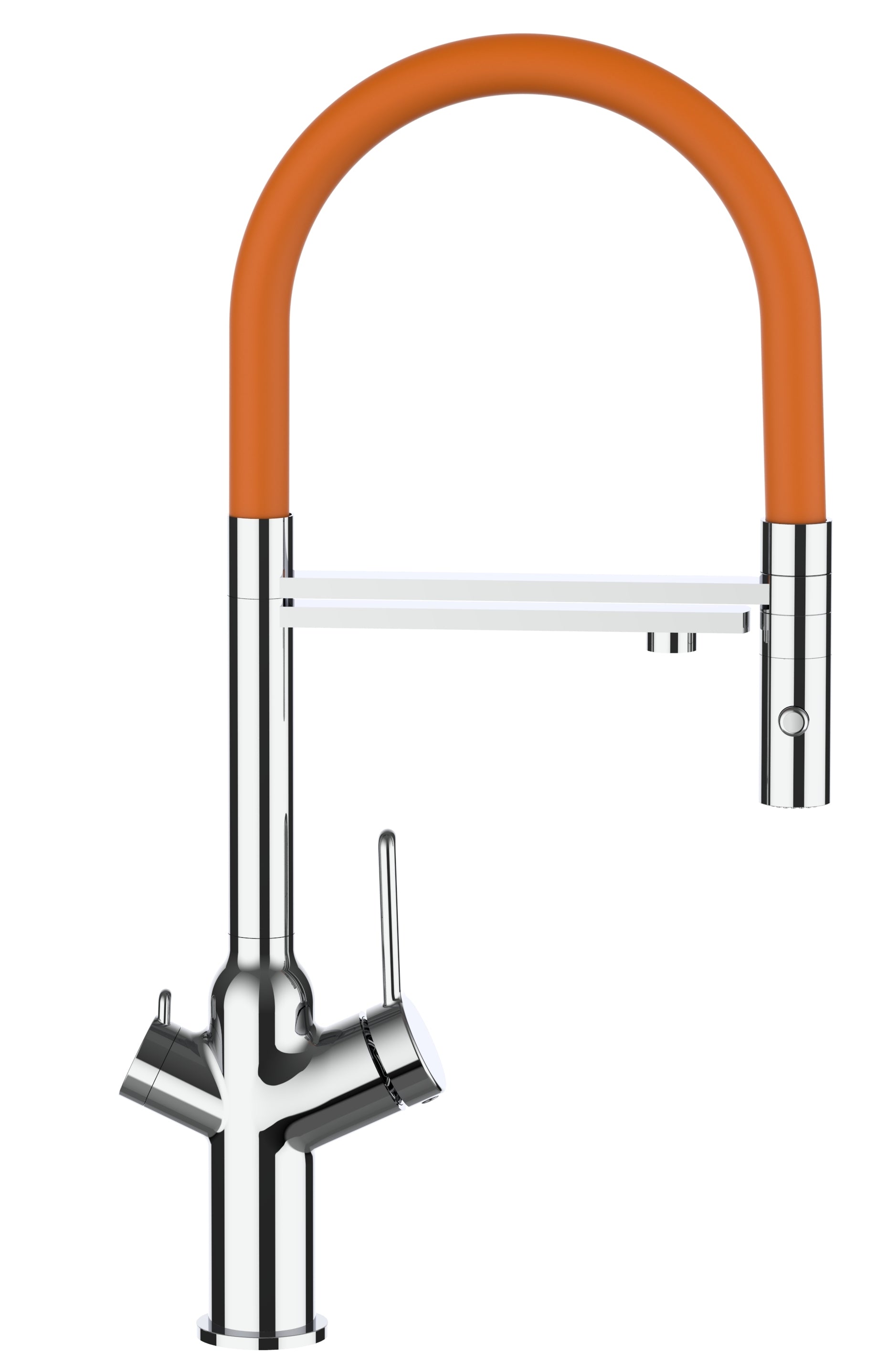 3 Way Kitchen Filter Tap, BOD, with 360° swivel spout and 2-jets removable Spray, Chrome / Orange