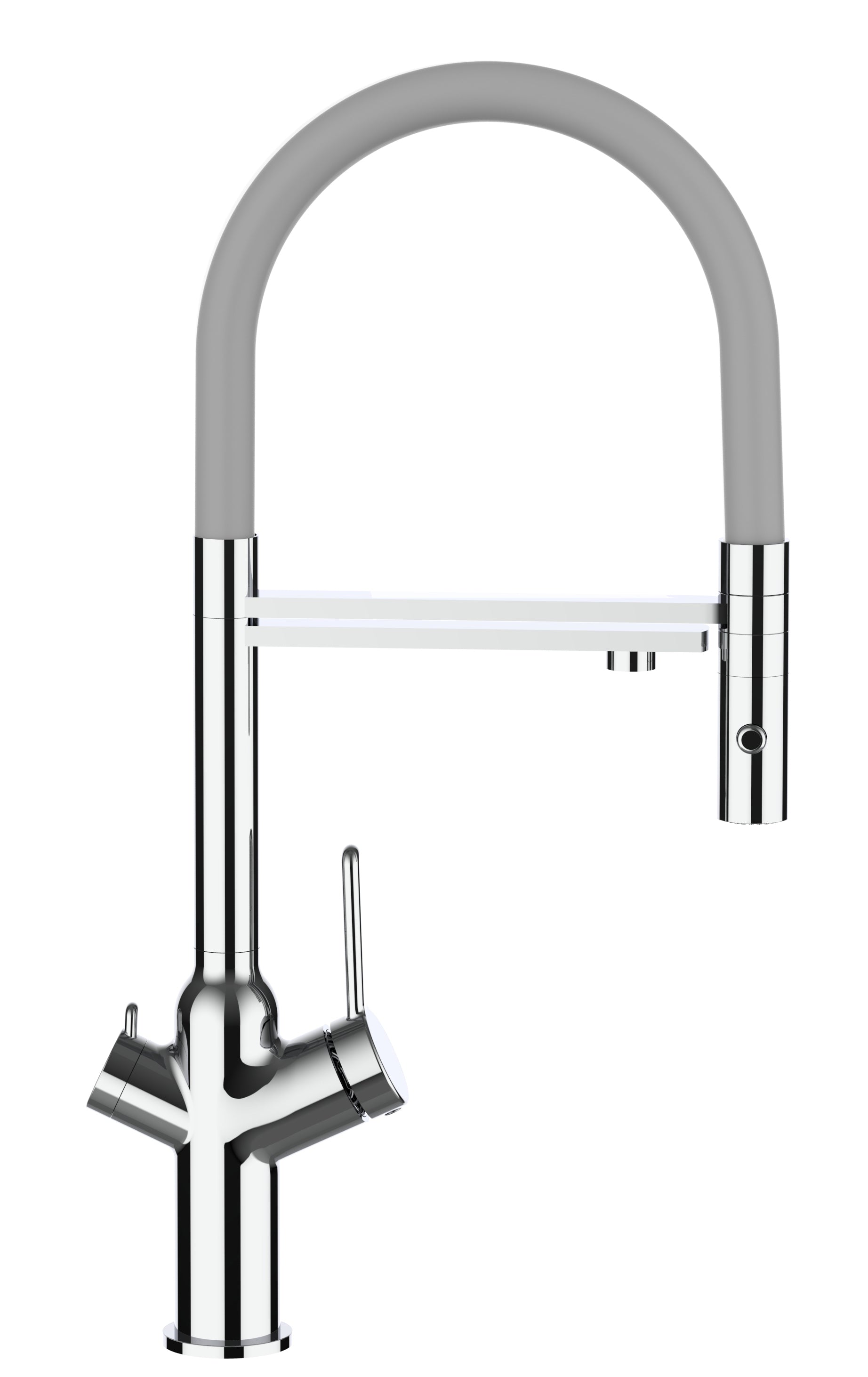 3 Way Kitchen Filter Tap, BOD, with 360° swivel spout and 2-jets removable Spray, Chrome / Gray