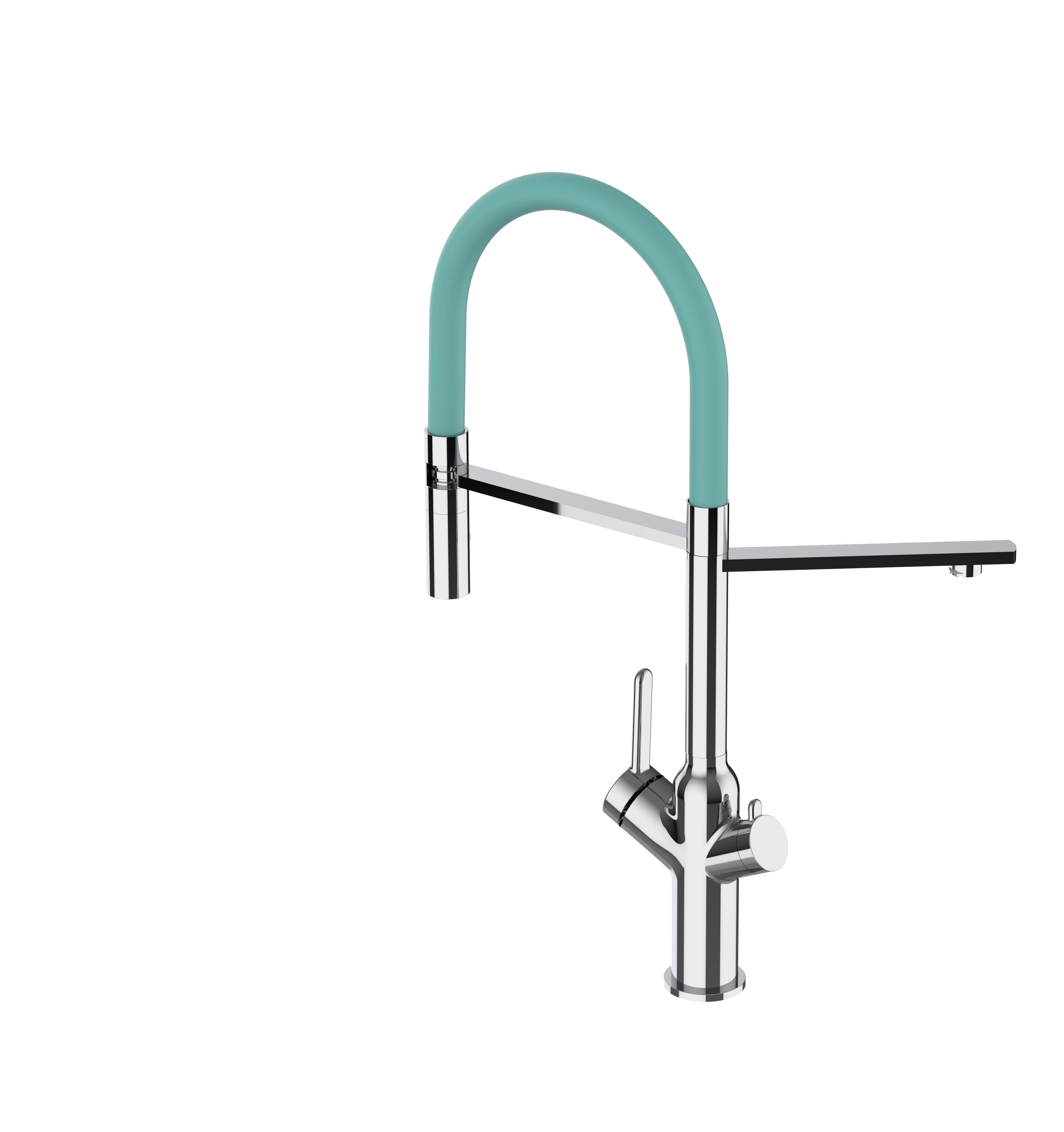 3 Way Kitchen Filter Tap, BOD, with 360° swivel spout and 2-jets removable Spray, Chrome / Turquoise