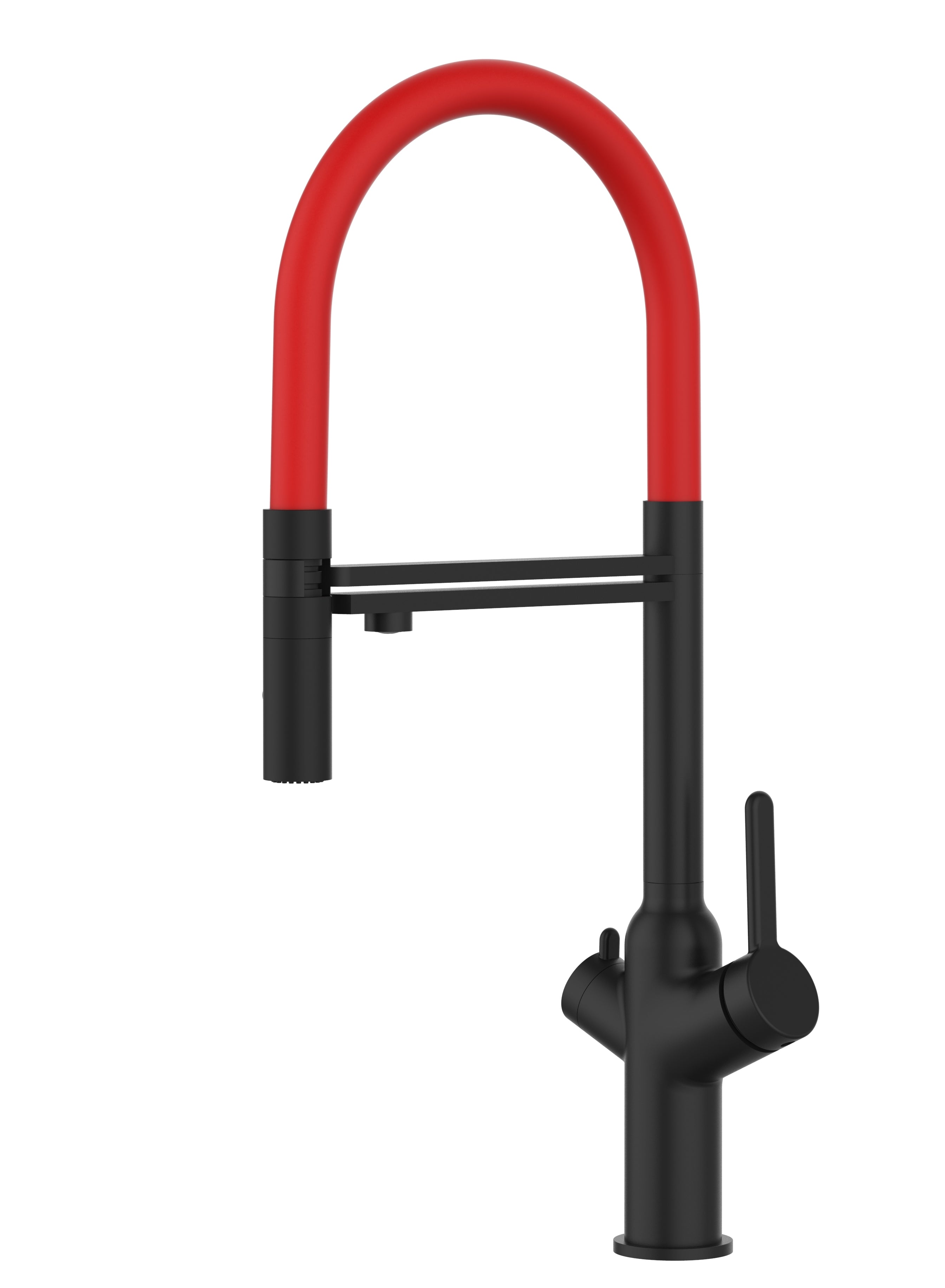 3 Way Kitchen Filter Tap, BOD, with 360° swivel spout and 2-jets removable Spray, Matte Black / Red