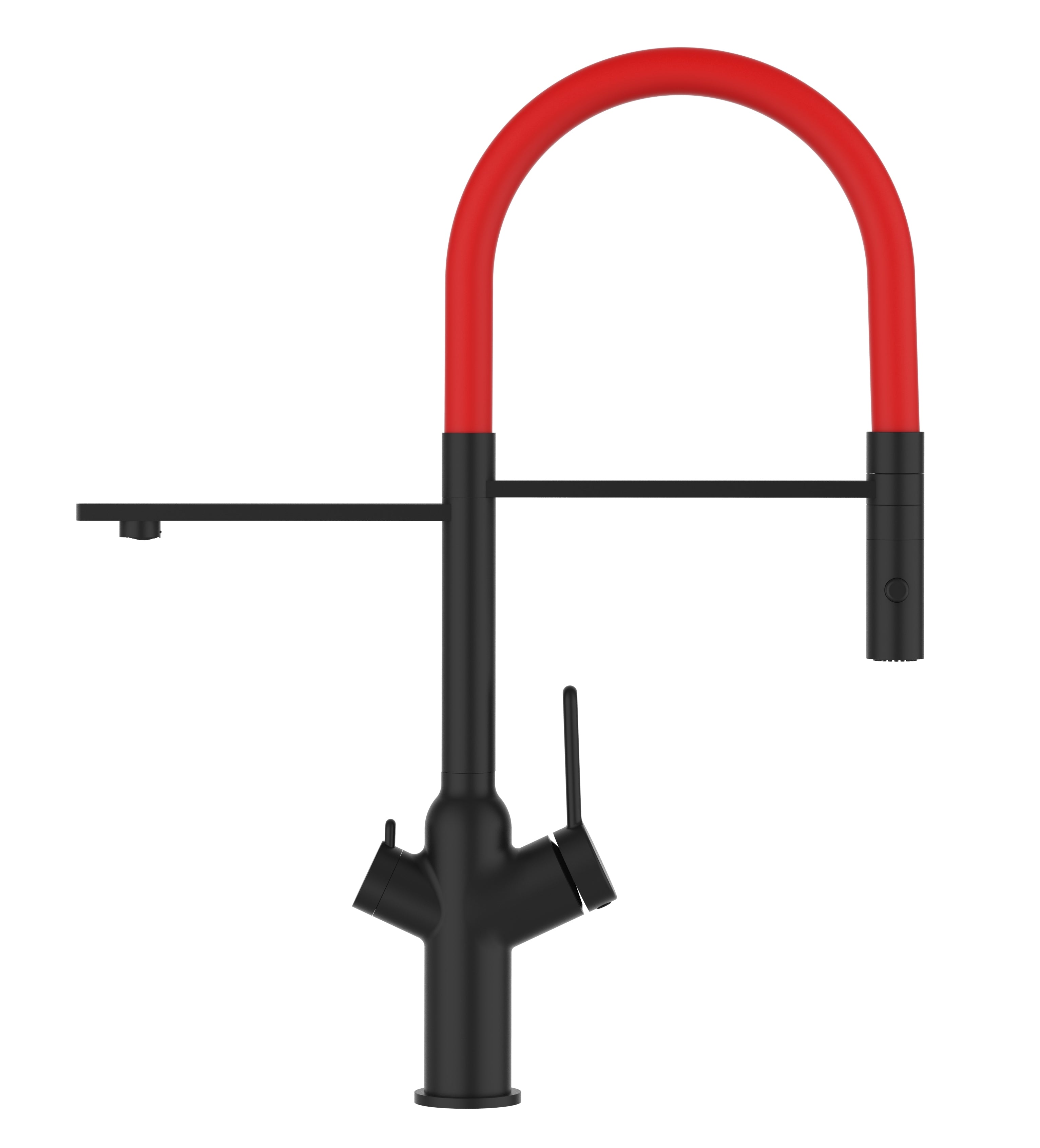 3 Way Kitchen Filter Tap, BOD, with 360° swivel spout and 2-jets removable Spray, Matte Black / Red