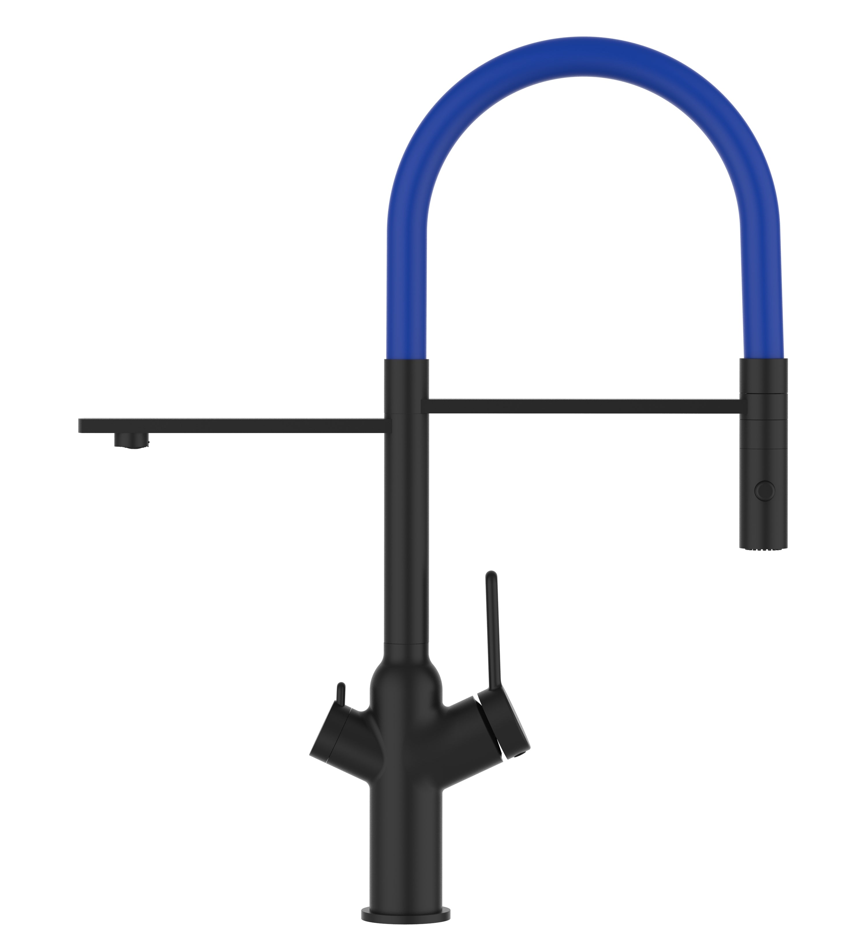 3 Way Kitchen Filter Tap, BOD, with 360° swivel spout and 2-jets removable Spray, Matte Black / Blue