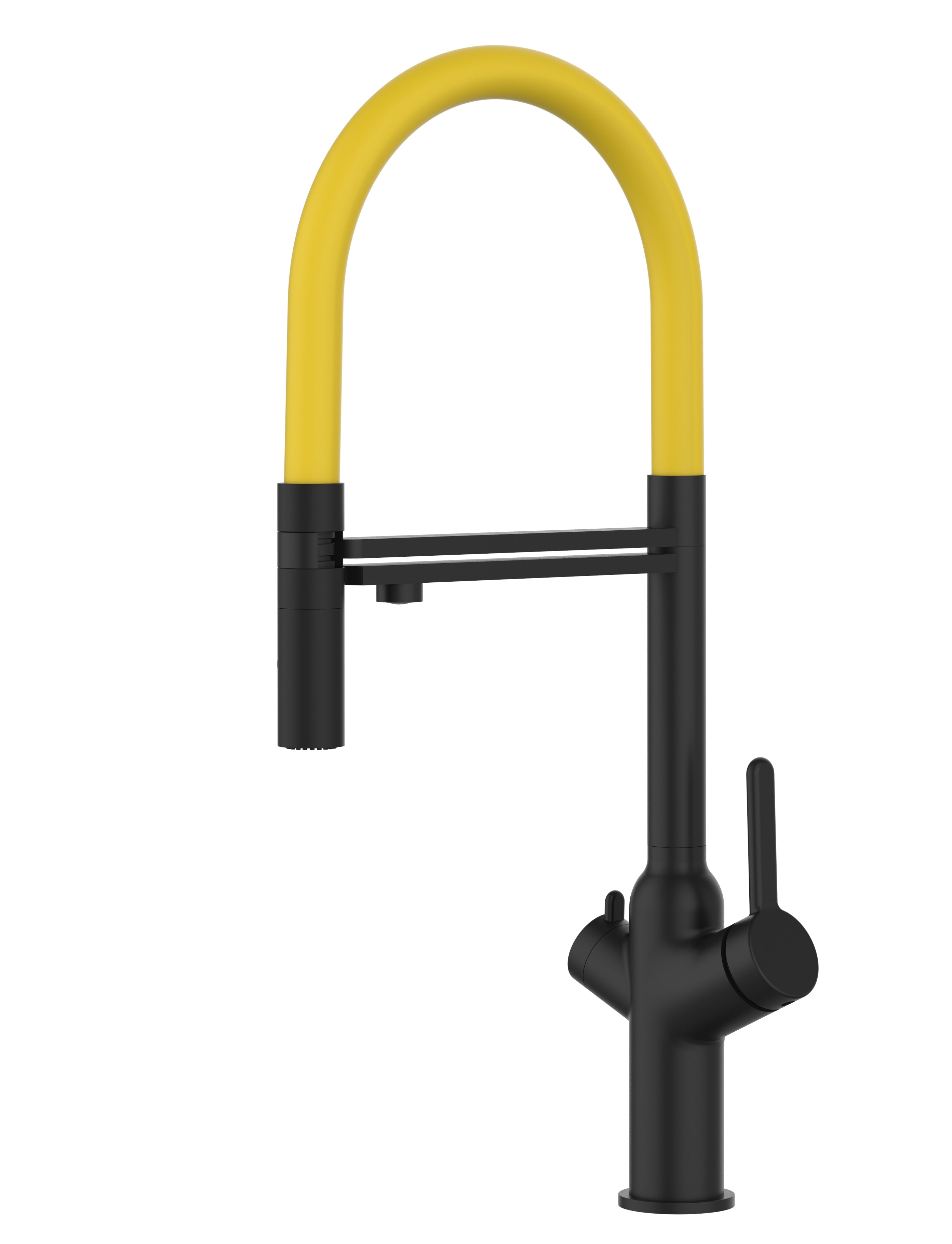 3 Way Kitchen Filter Tap, BOD, with 360° swivel spout and 2-jets removable Spray, Matte Black / Yellow