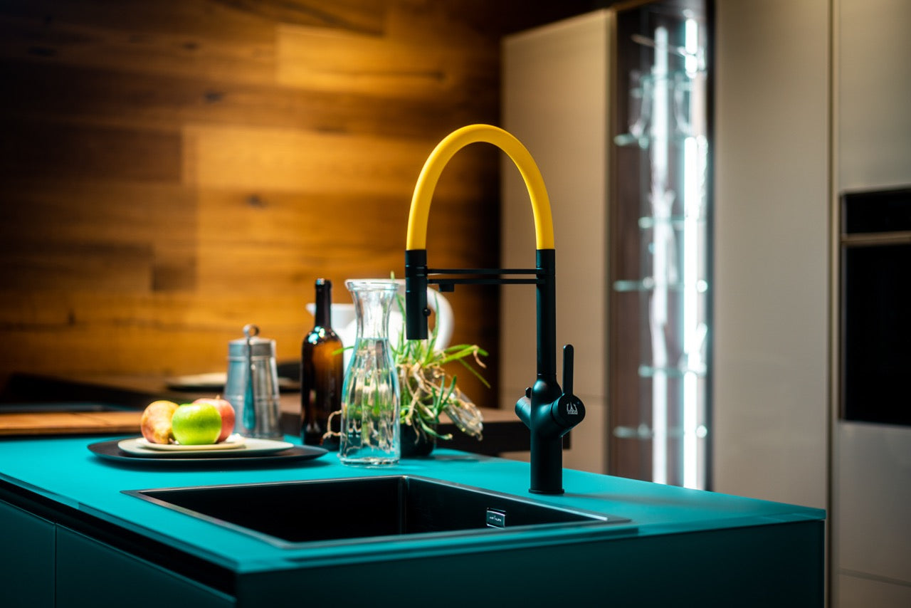 3 Way Kitchen Filter Tap, BOD, with 360° swivel spout and 2-jets removable Spray, Matte Black / Yellow