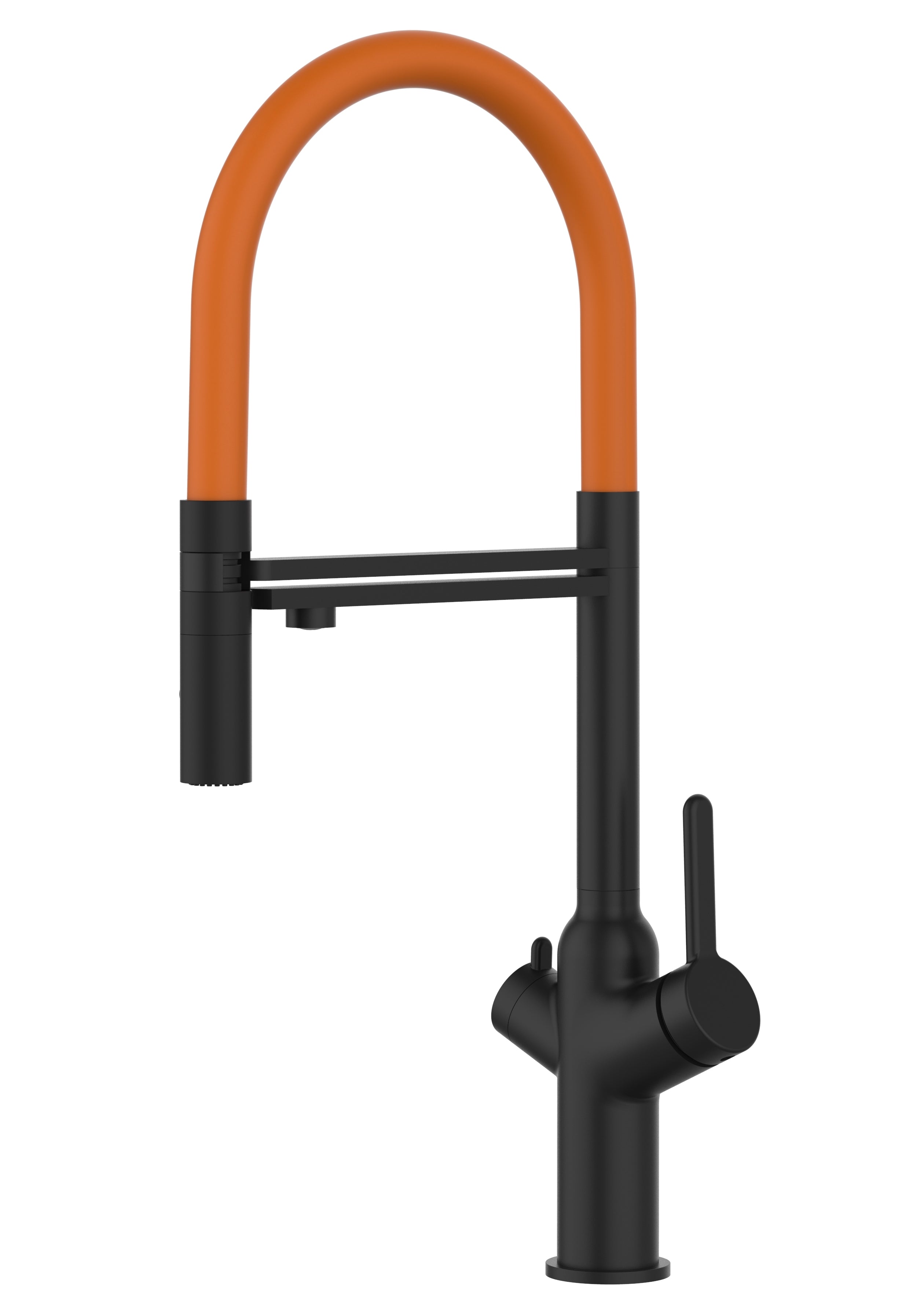 3 Way Kitchen Filter Tap, BOD, with 360° swivel spout and 2-jets removable Spray, Matte Black / Orange