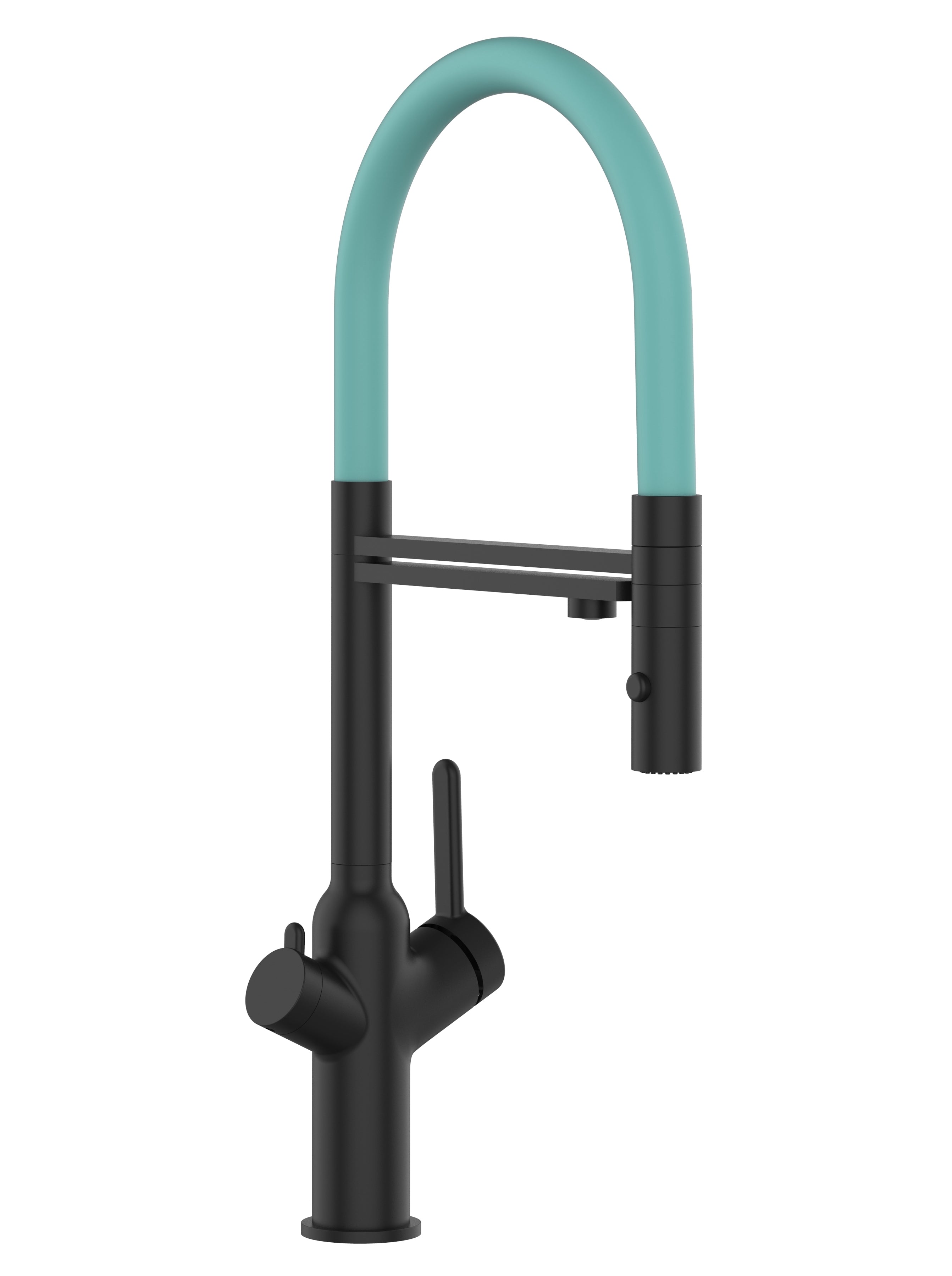 4 Way Kitchen Filter Tap, BOD, with 360° swivel spout and 2-jets removable Spray, Matte Black / Turquoise