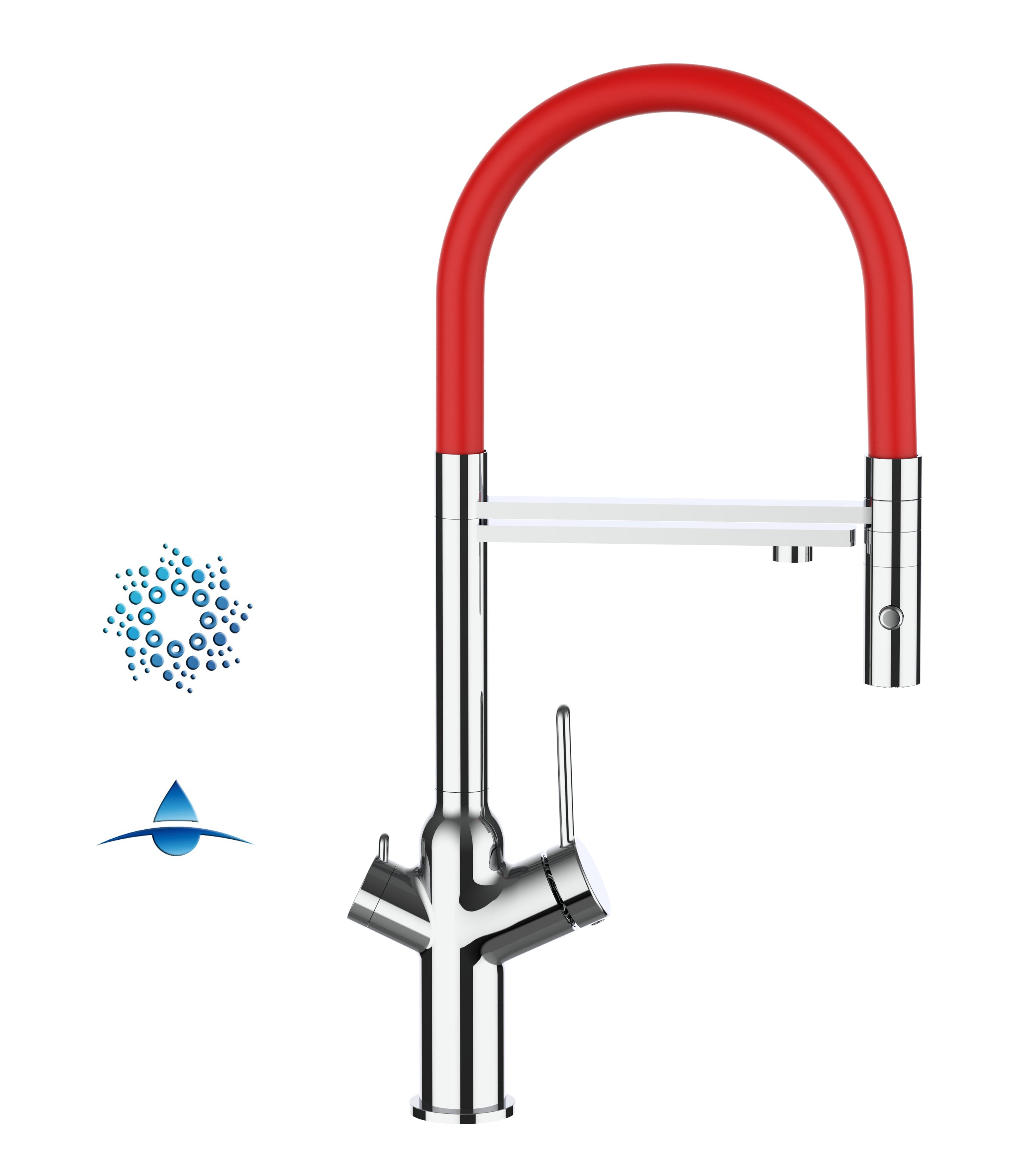 4 Way Kitchen Filter Tap, BOD, with 360° swivel spout and 2-jets removable Spray, Chrome / Red