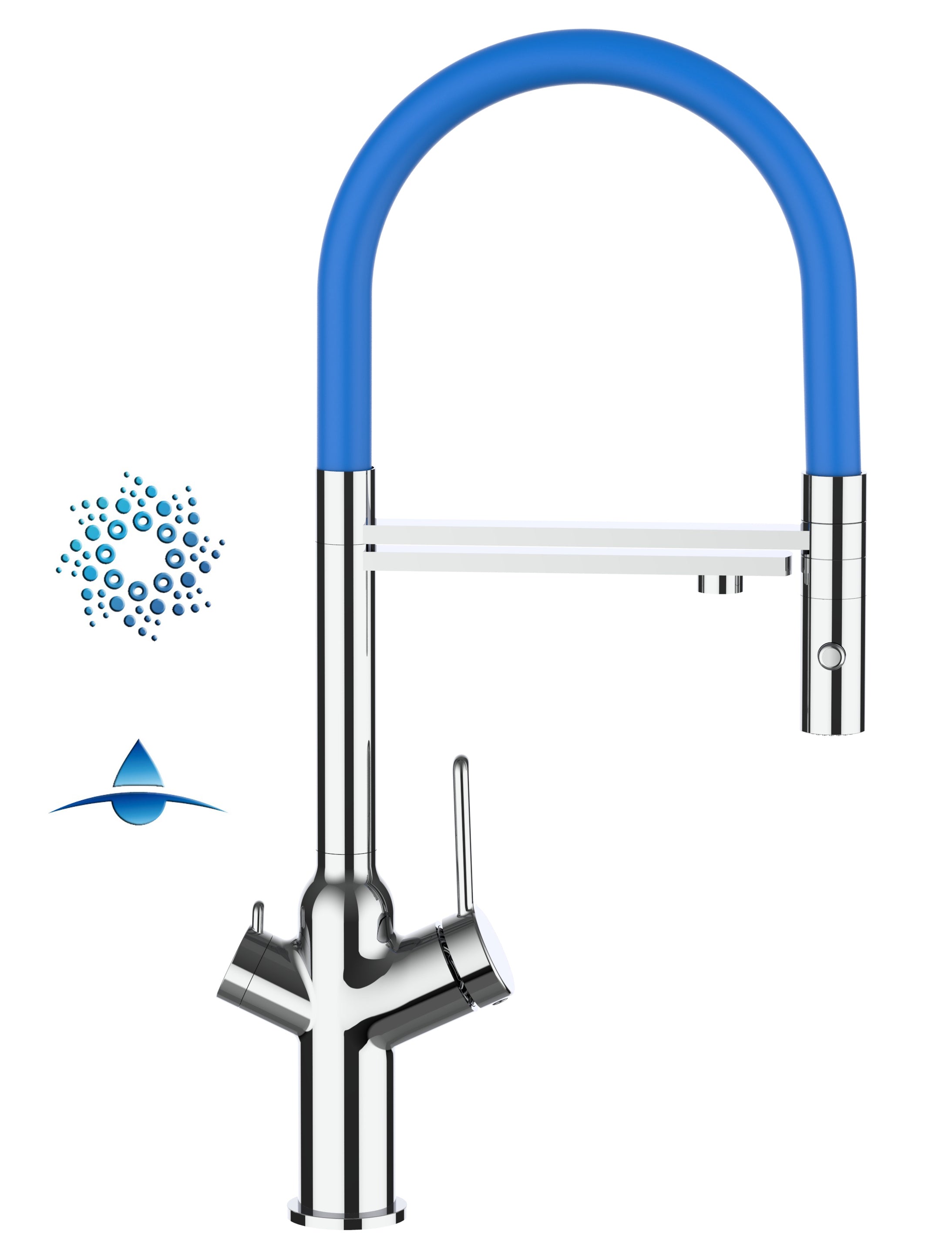 4 Way Kitchen Filter Tap, BOD, with 360° swivel spout and 2-jets removable Spray, Chrome / Blue