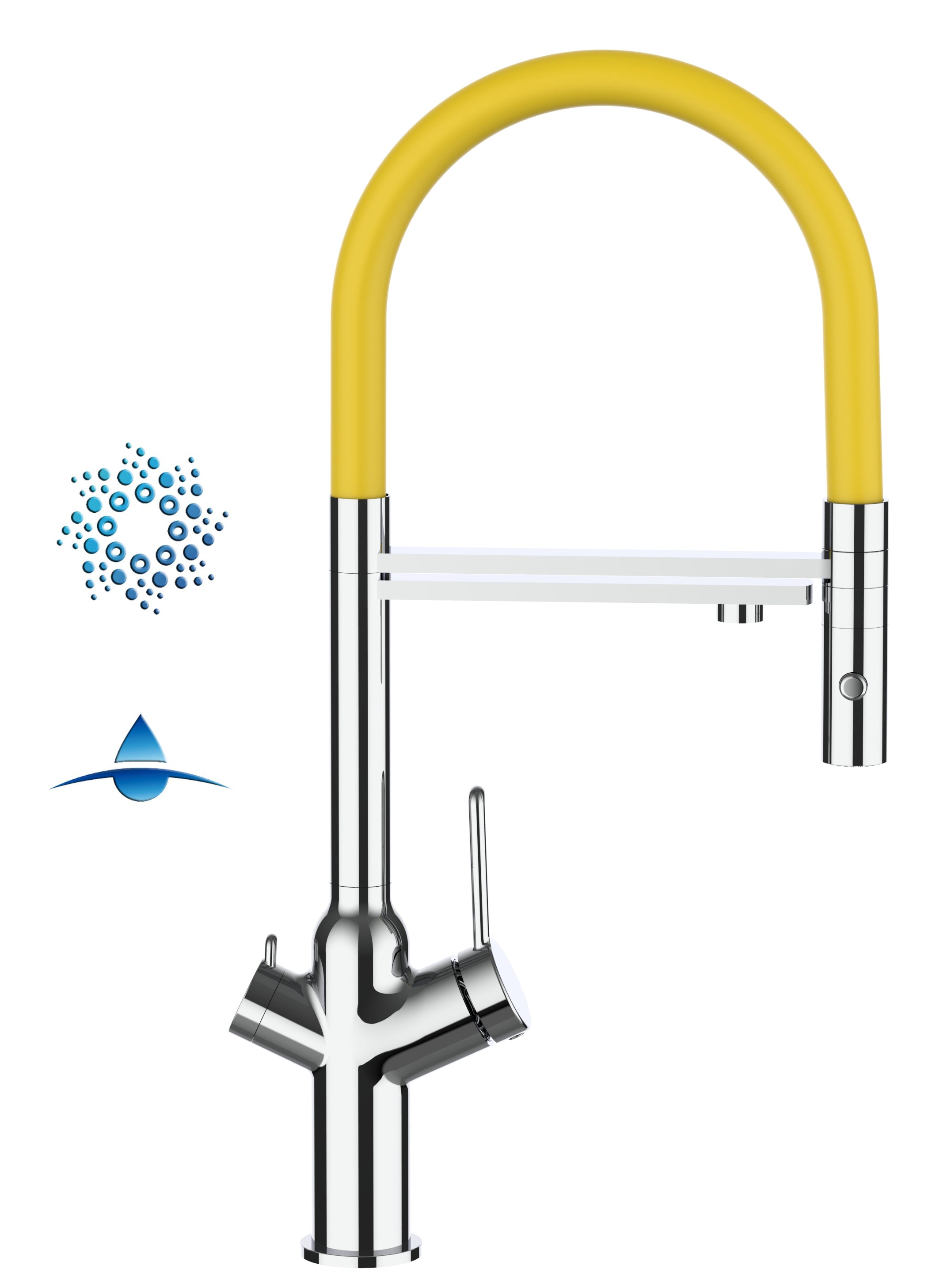 4 Way Kitchen Filter Tap, BOD, with 360° swivel spout and 2-jets removable Spray, Chrome / Yellow