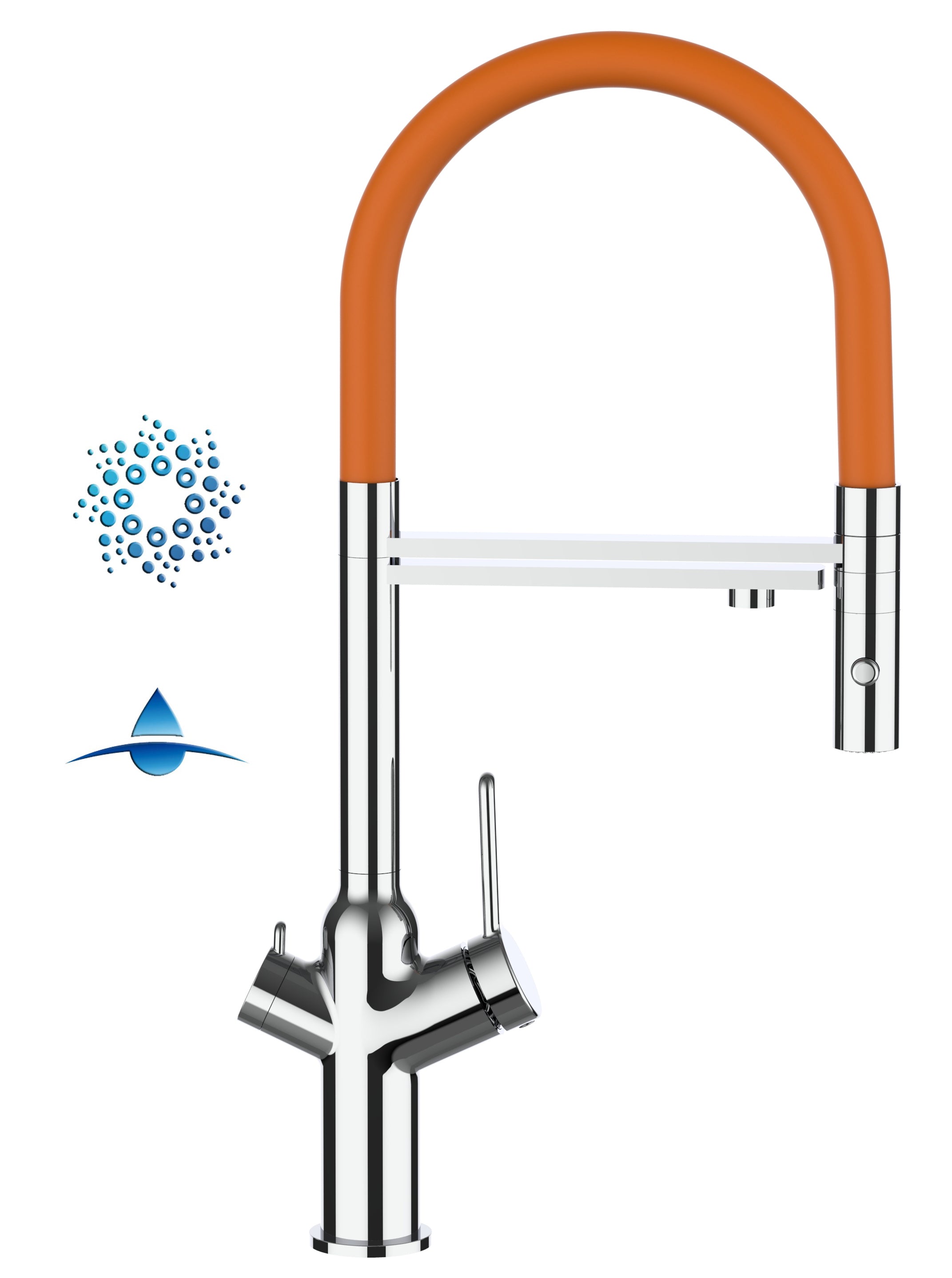 4 Way Kitchen Filter Tap, BOD, with 360° swivel spout and 2-jets removable Spray, Chrome / Orange