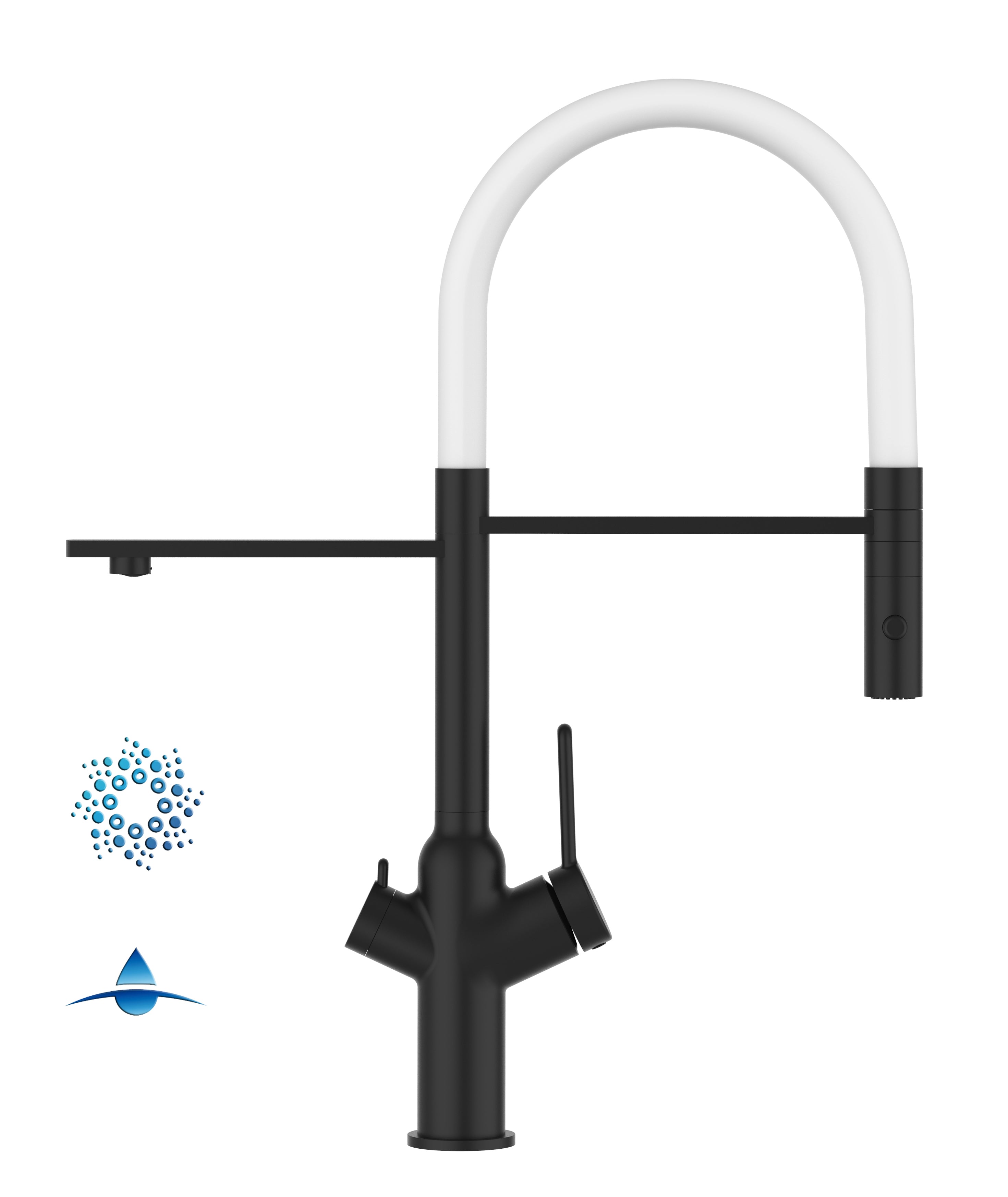 4 Way Kitchen Filter Tap, BOD, with 360° swivel spout and 2-jets removable Spray, Matte Black / White