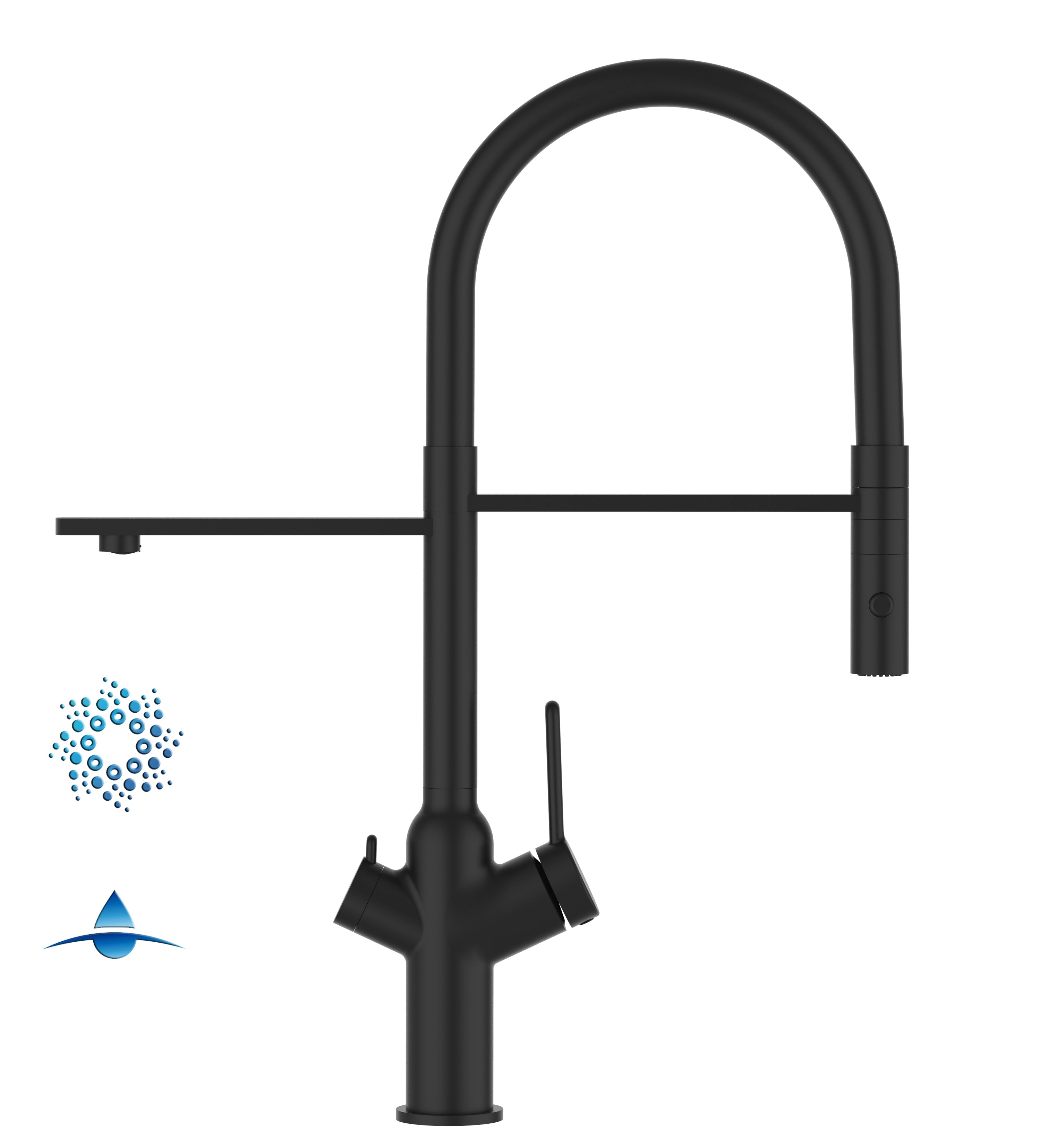 4 Way Kitchen Filter Tap, BOD, with 360° swivel spout and 2-jets removable Spray, Matte Black