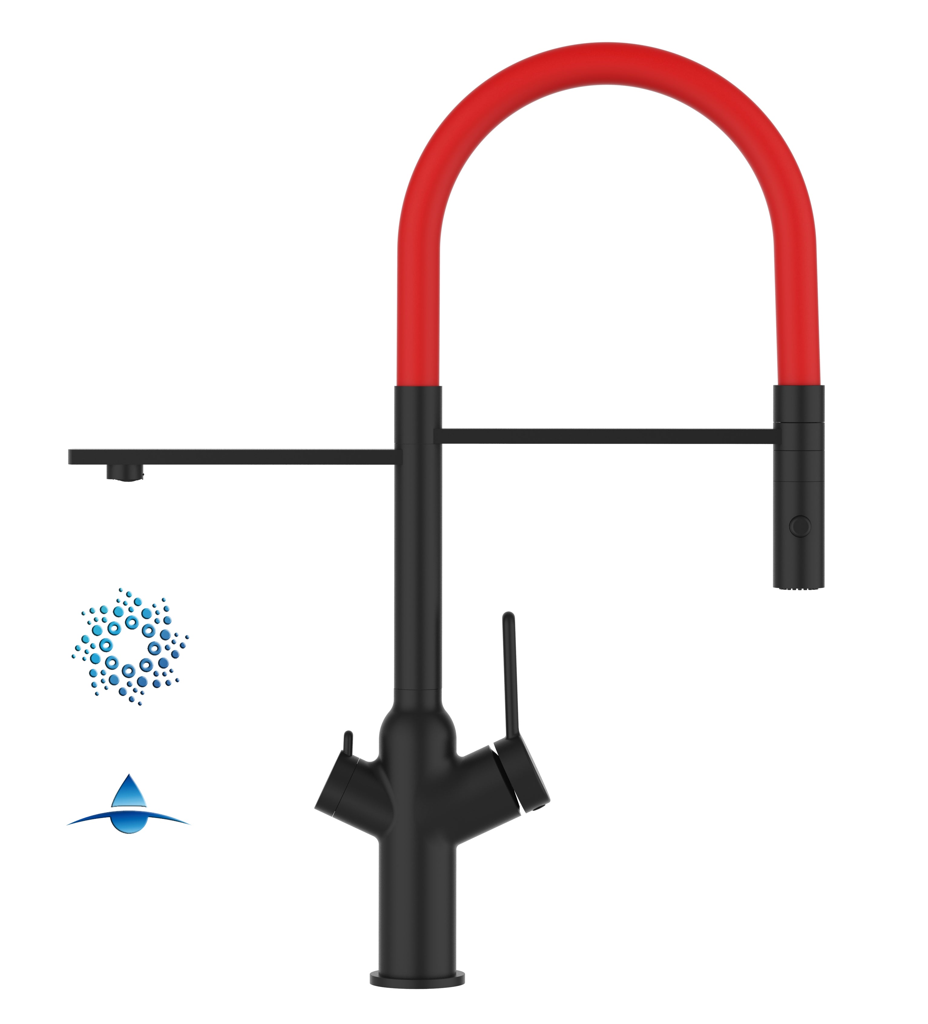 4 Way Kitchen Filter Tap, BOD, with 360° swivel spout and 2-jets removable Spray, Matte Black / Red