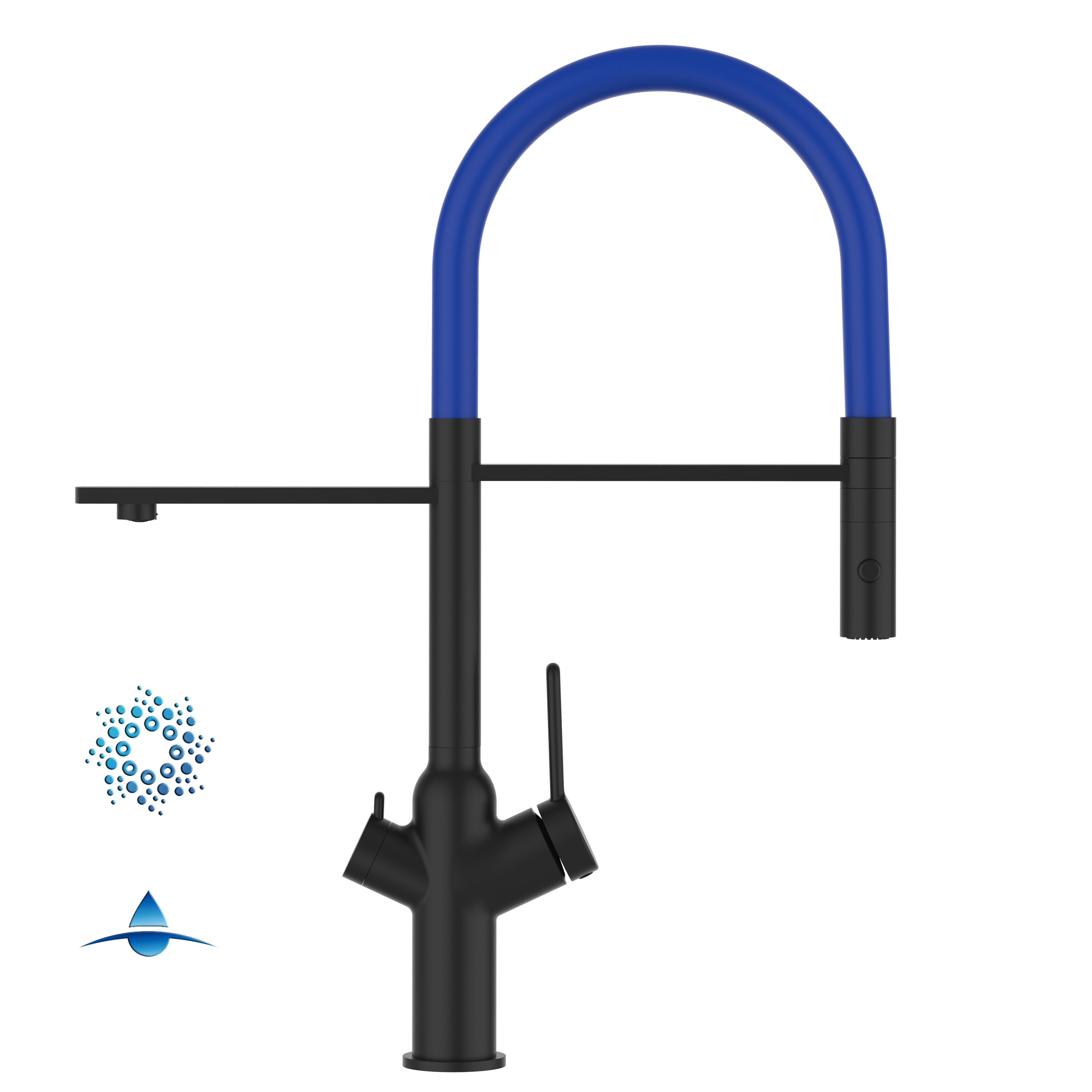 4 Way Kitchen Filter Tap, BOD, with 360° swivel spout and 2-jets removable Spray, Matte Black / Blue