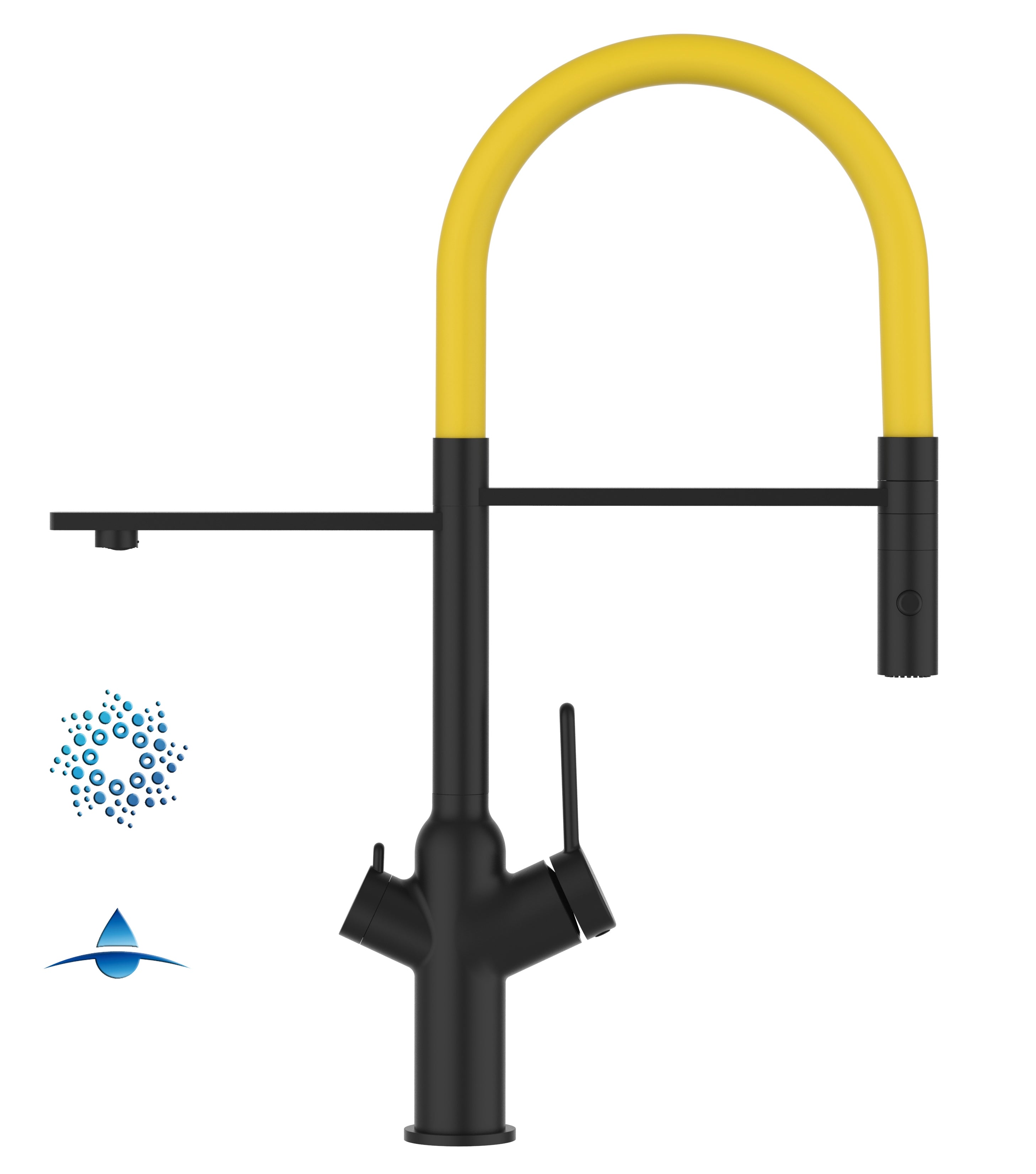 4 Way Kitchen Filter Tap, BOD, with 360° swivel spout and 2-jets removable Spray, Matte Black / Yellow