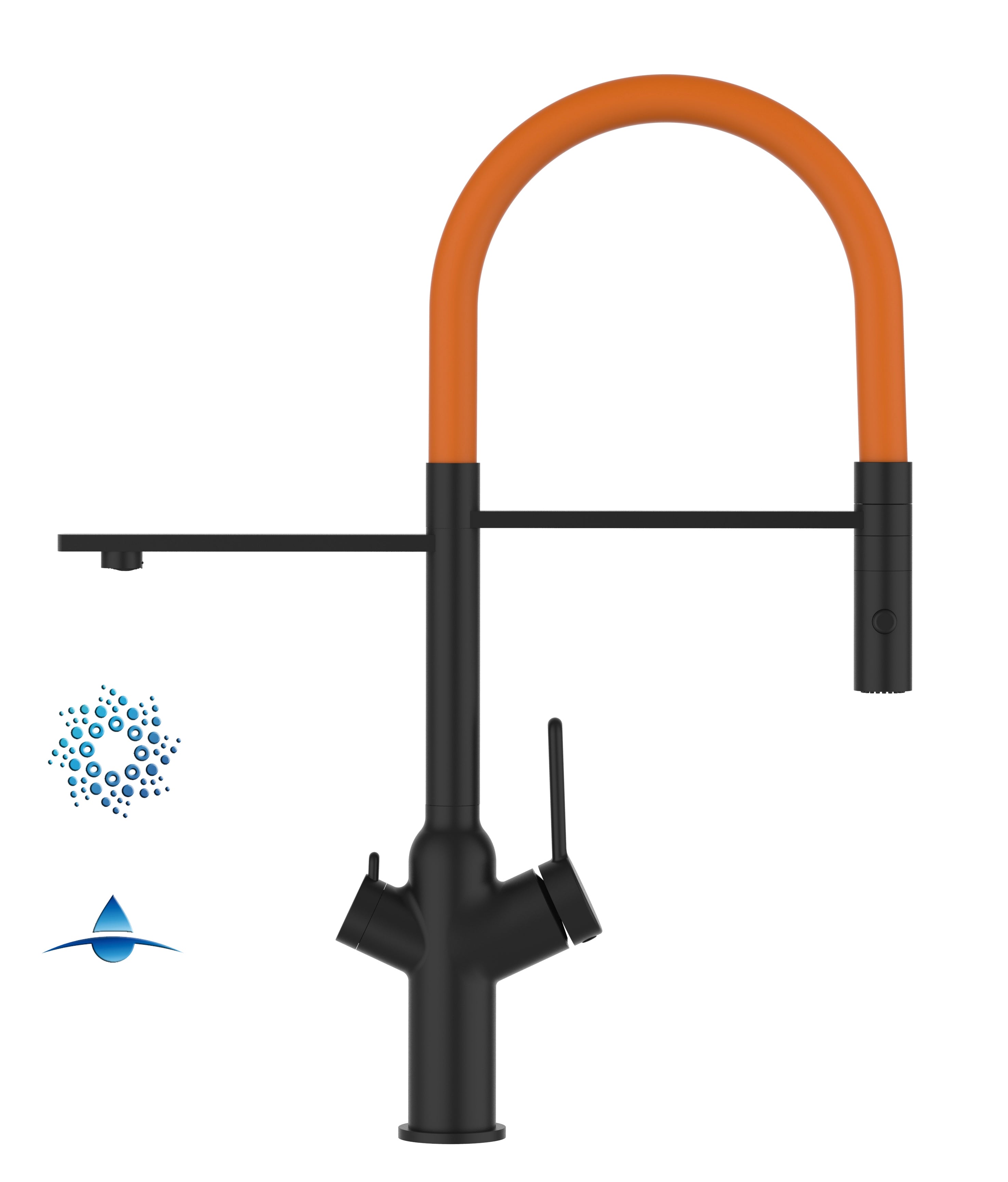 4 Way Kitchen Filter Tap, BOD, with 360° swivel spout and 2-jets removable Spray, Matte Black / Orange