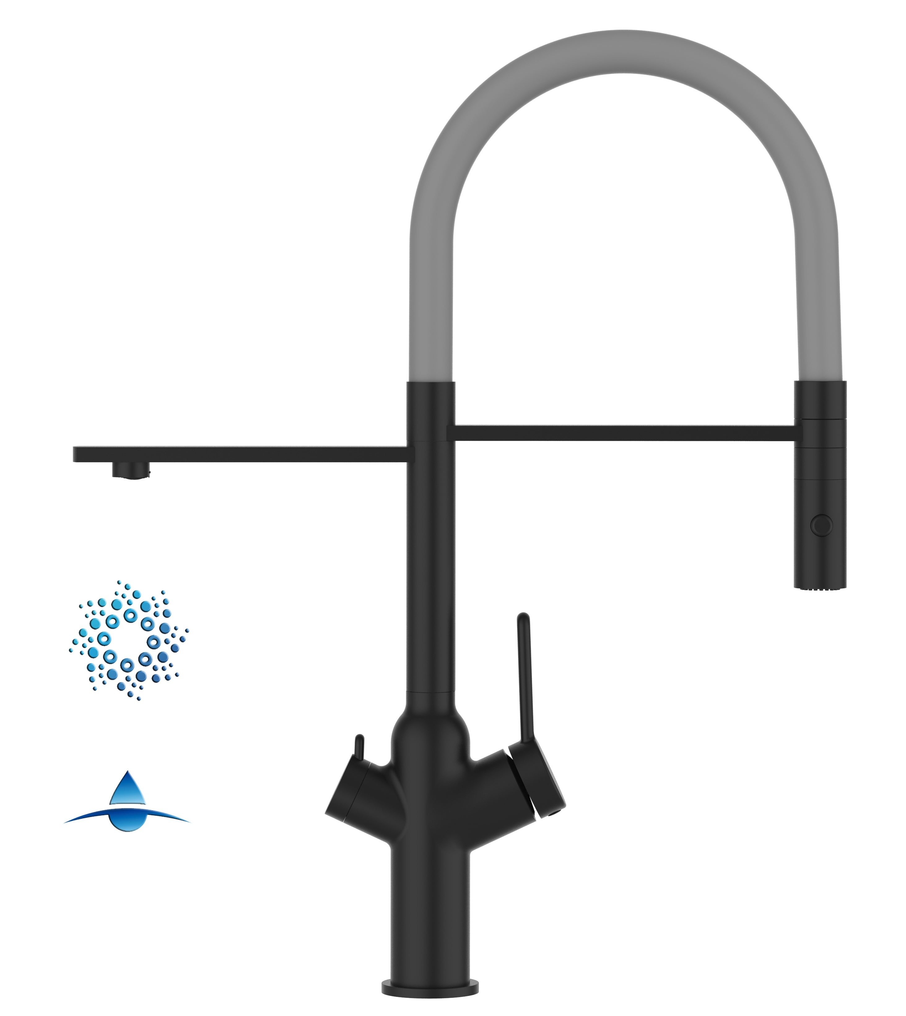4 Way Kitchen Filter Tap, BOD, with 360° swivel spout and 2-jets removable Spray, Matte Black / Gray