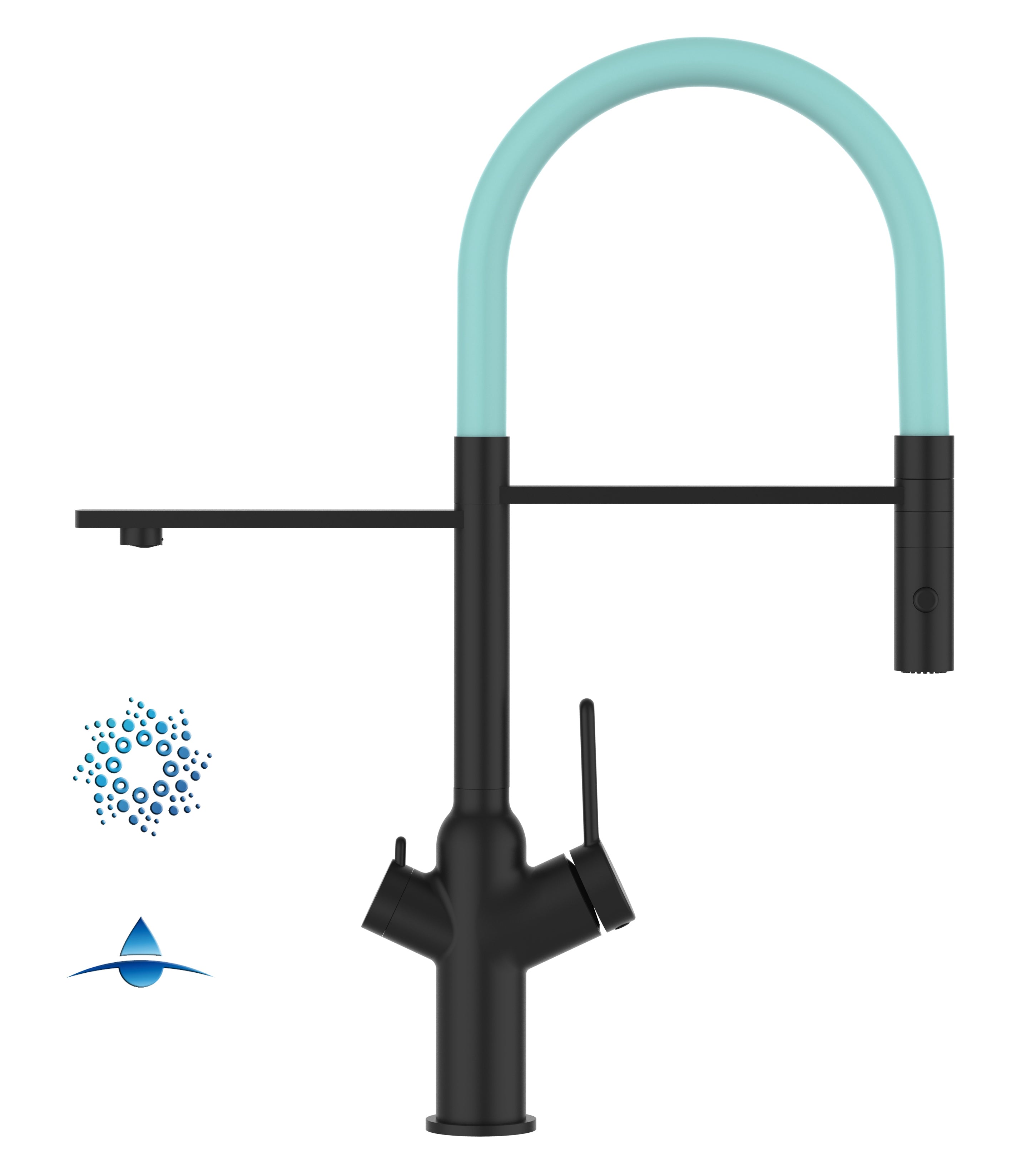 4 Way Kitchen Filter Tap, BOD, with 360° swivel spout and 2-jets removable Spray, Matte Black / Turquoise