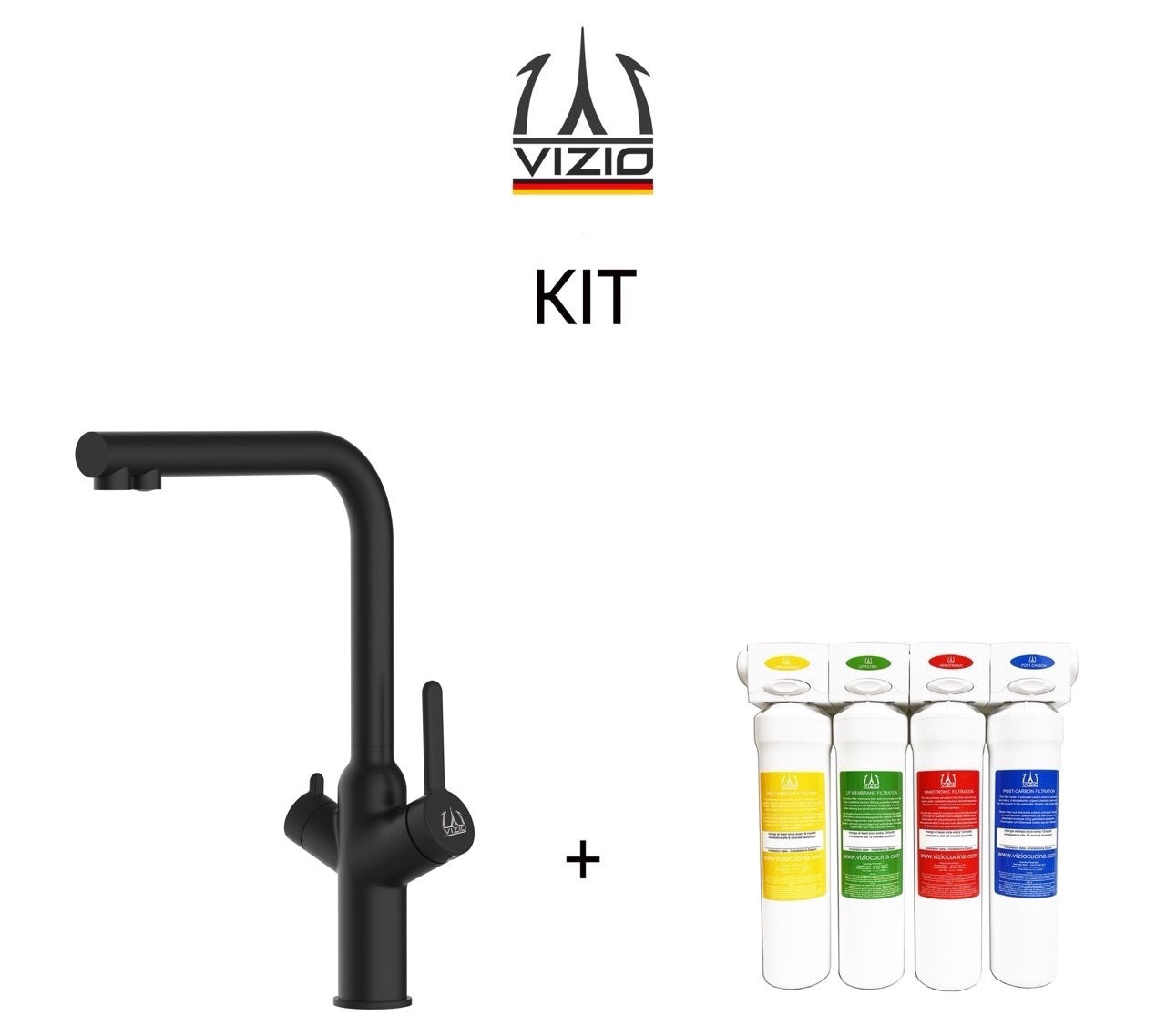 KIT 3 Way Kitchen Filter Tap, BOD, with 360° Swivel L-Spout, Matte Black + Activated Carbon Water Filter System
