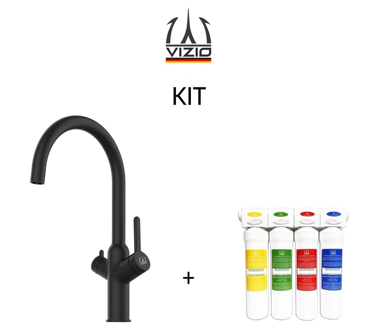 KIT 3 Way Kitchen Filter Tap, BOD, with 360° Swivel U-Spout, Matte Black + Activated Carbon Water Filter System