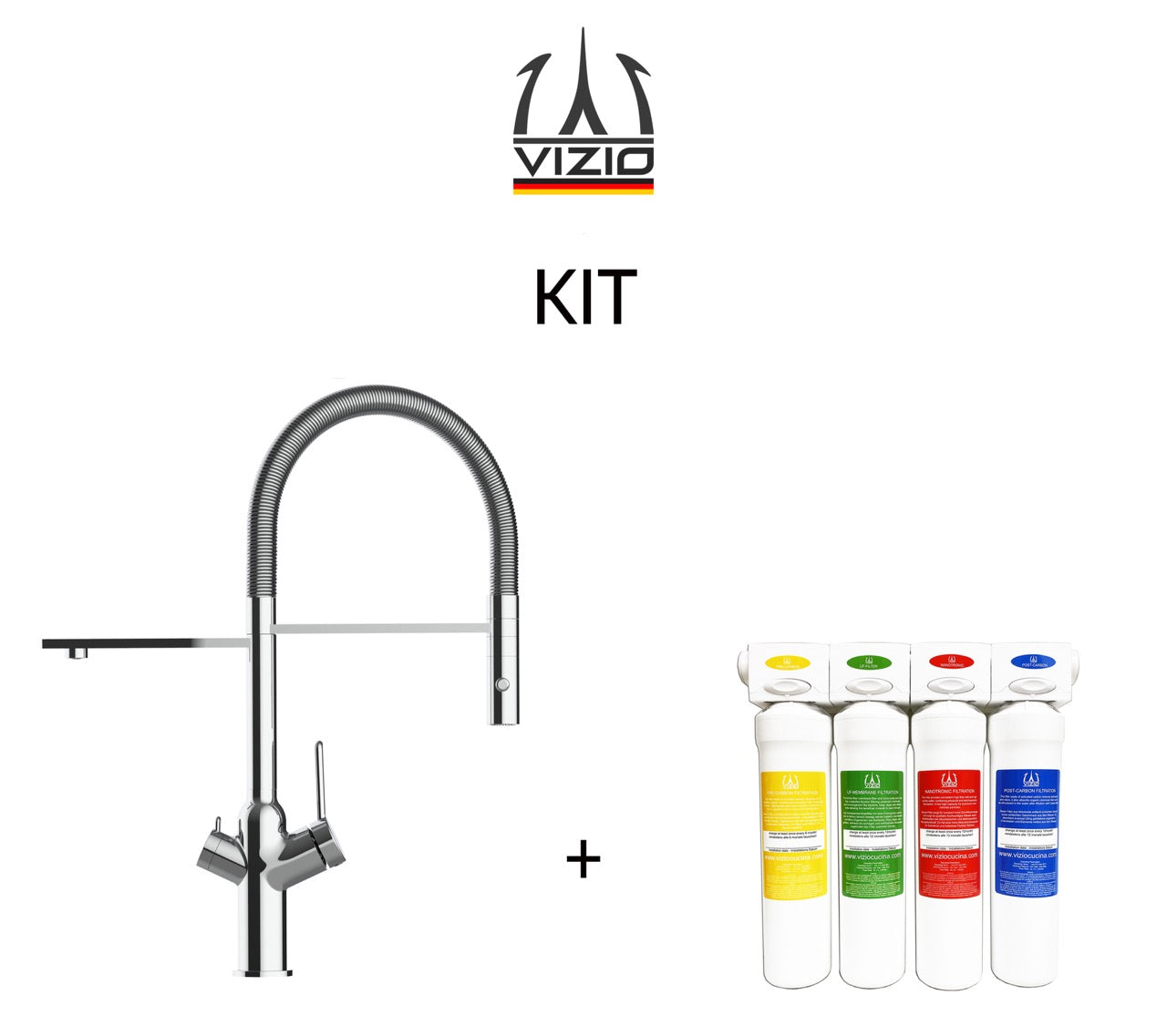 KIT 3 Way Kitchen Filter Tap, BOD, with 360° swivel spout and 2-jets removable Spray, Chrome + Activated Carbon Water Filter System