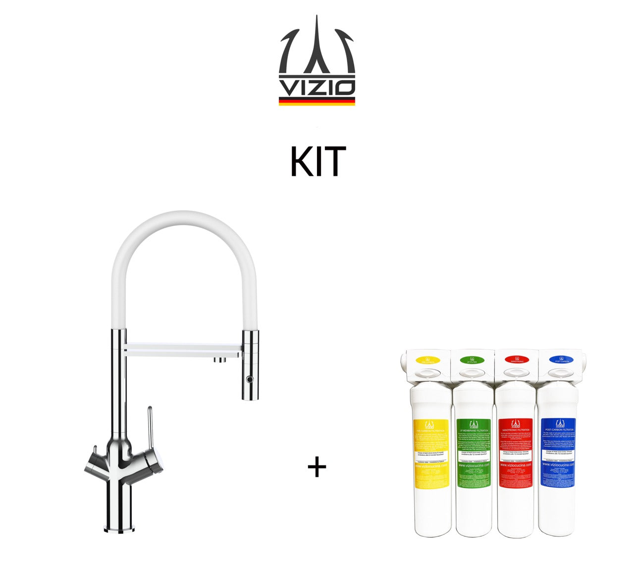 KIT 3 Way Kitchen Filter Tap, BOD, with 360° swivel spout and 2-jets removable Spray, Chrome + Activated Carbon Water Filter System