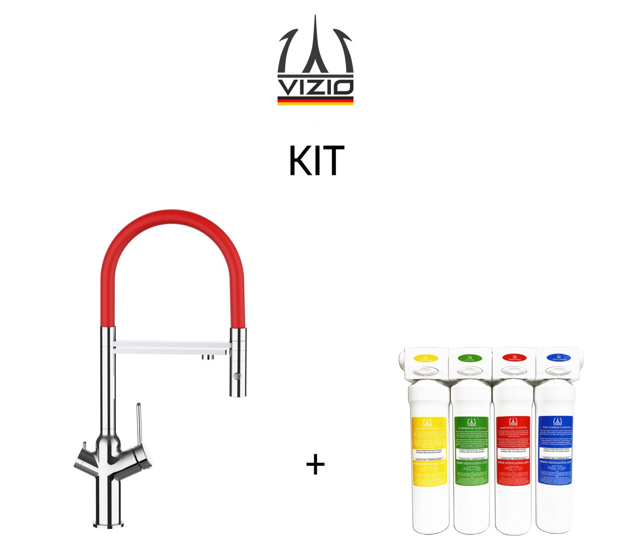 KIT 3 Way Kitchen Filter Tap, BOD, with 360° swivel spout and 2-jets removable Spray, Chrome + Activated Carbon Water Filter System