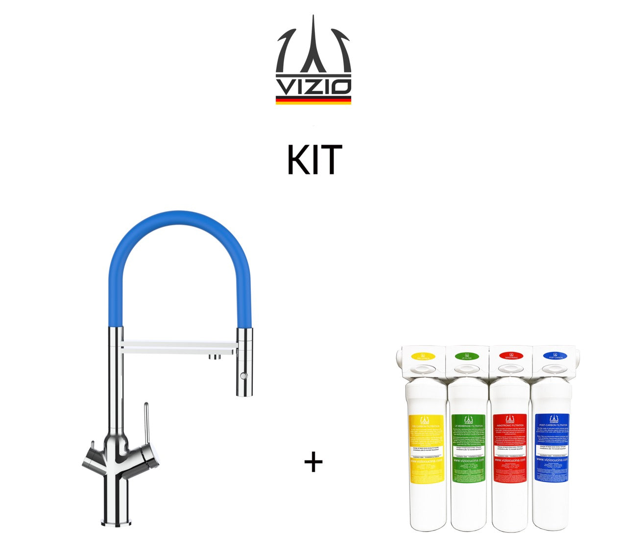 KIT 3 Way Kitchen Filter Tap, BOD, with 360° swivel spout and 2-jets removable Spray, Chrome + Activated Carbon Water Filter System