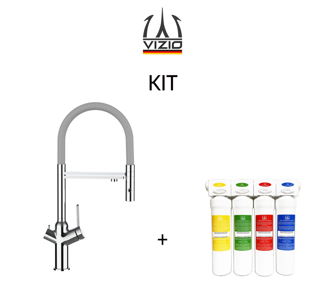 KIT 3 Way Kitchen Filter Tap, BOD, with 360° swivel spout and 2-jets removable Spray, Chrome + Activated Carbon Water Filter System
