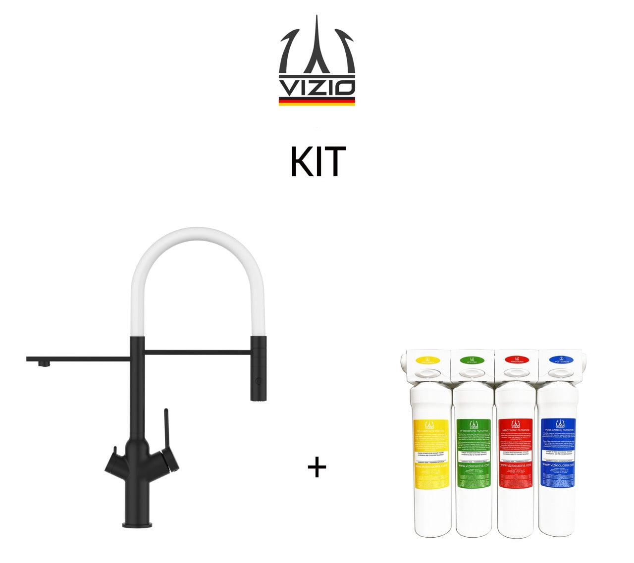 KIT 3 Way Kitchen Filter Tap, BOD, with 360° swivel spout and 2-jets removable Spray, Matte Black + Activated Carbon Water Filter System