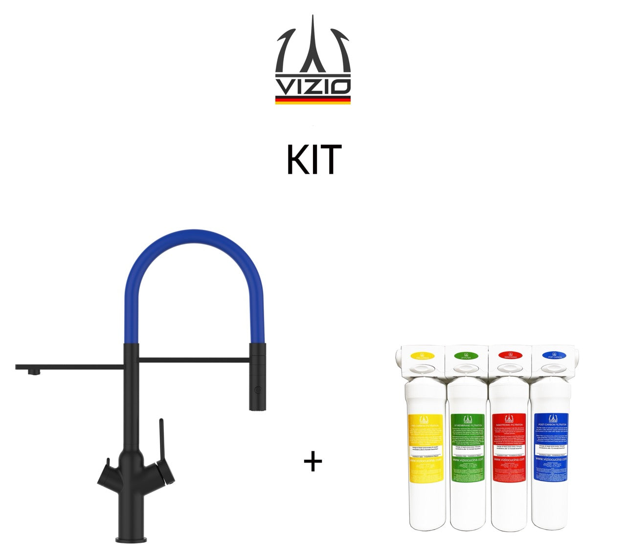 KIT 3 Way Kitchen Filter Tap, BOD, with 360° swivel spout and 2-jets removable Spray, Matte Black + Activated Carbon Water Filter System