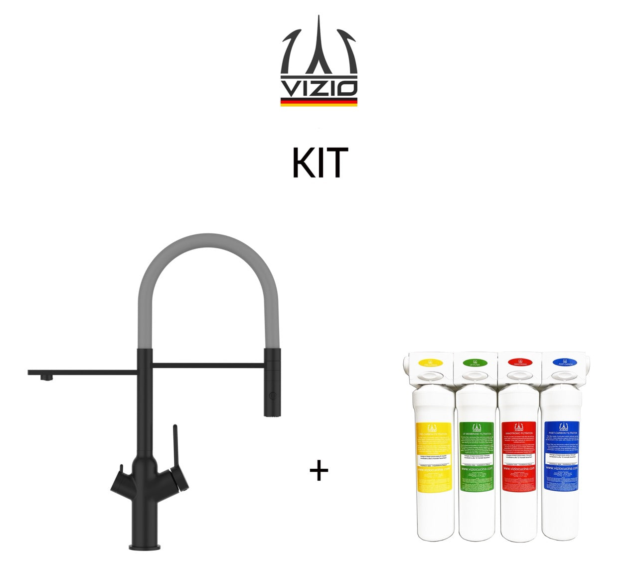 KIT 3 Way Kitchen Filter Tap, BOD, with 360° swivel spout and 2-jets removable Spray, Matte Black + Activated Carbon Water Filter System