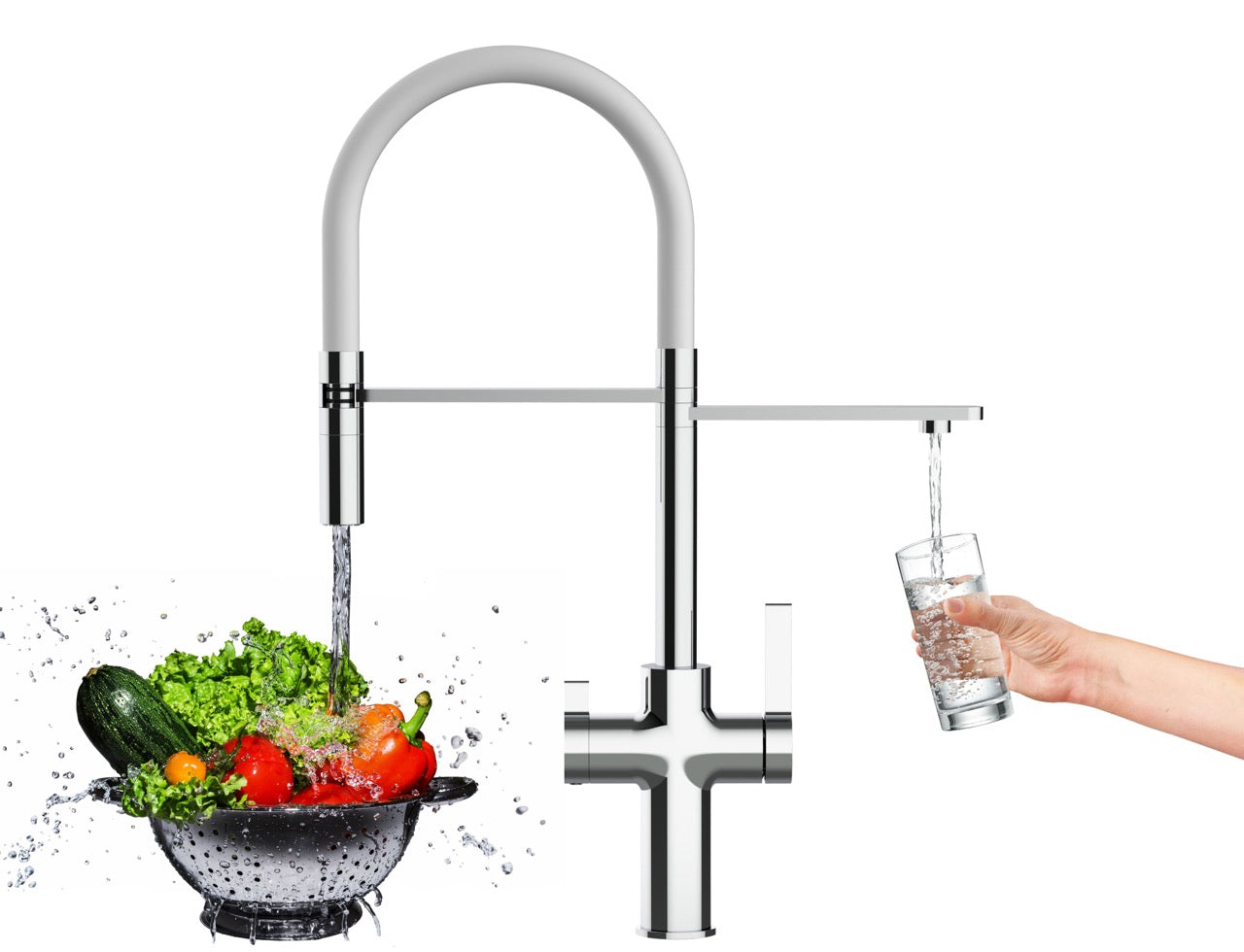3 Way Kitchen Filter Tap, FC, with 360° swivel spout and 2-jets removable Spray, Chrome / White