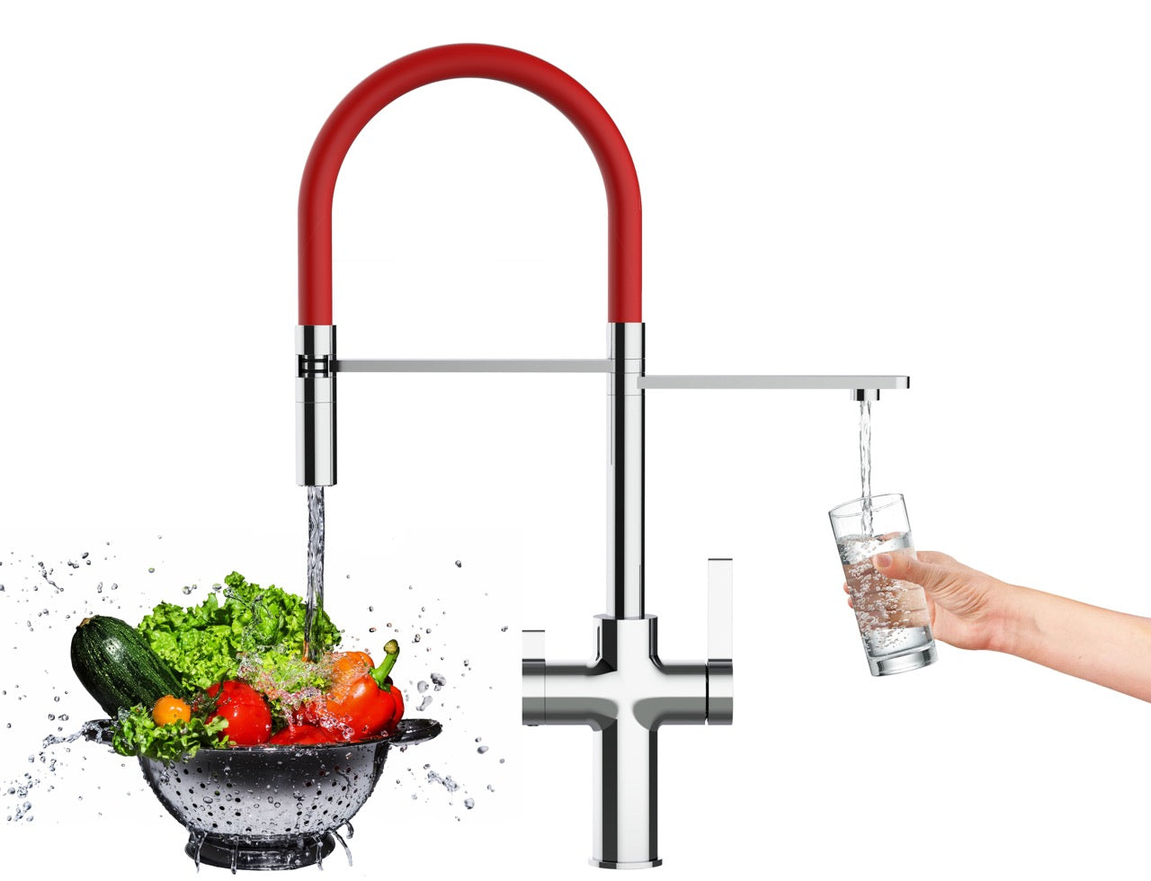 3 Way Kitchen Filter Tap, FC, with 360° swivel spout and 2-jets removable Spray, Chrome / Red