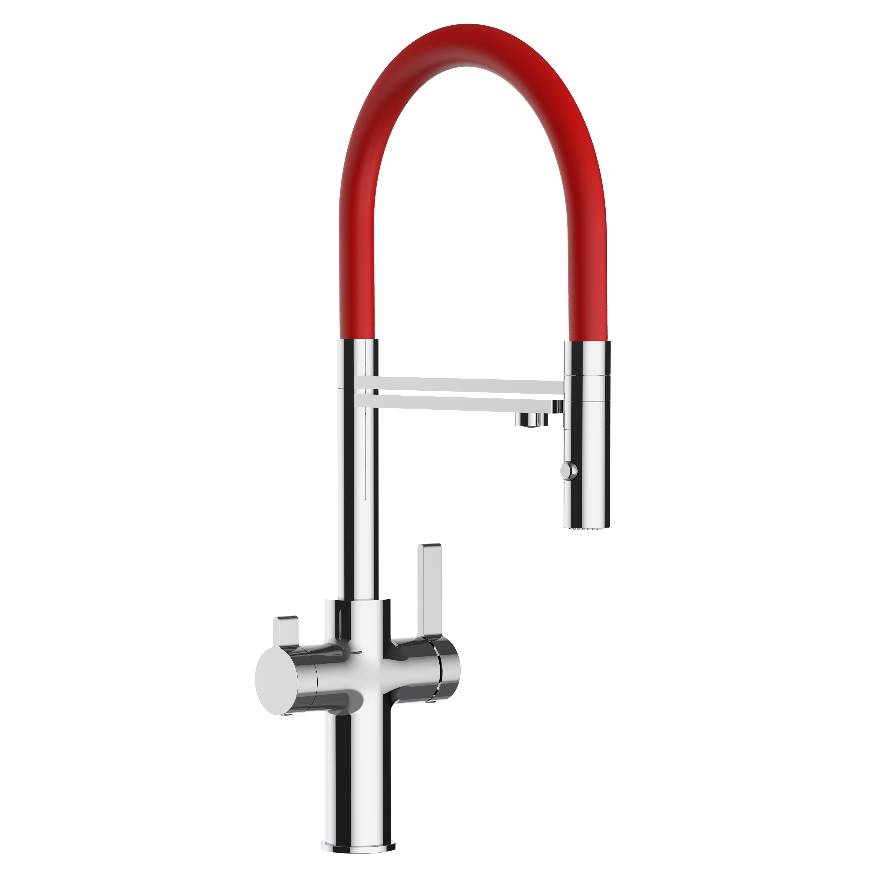 3 Way Kitchen Filter Tap, FC, with 360° swivel spout and 2-jets removable Spray, Chrome / Red