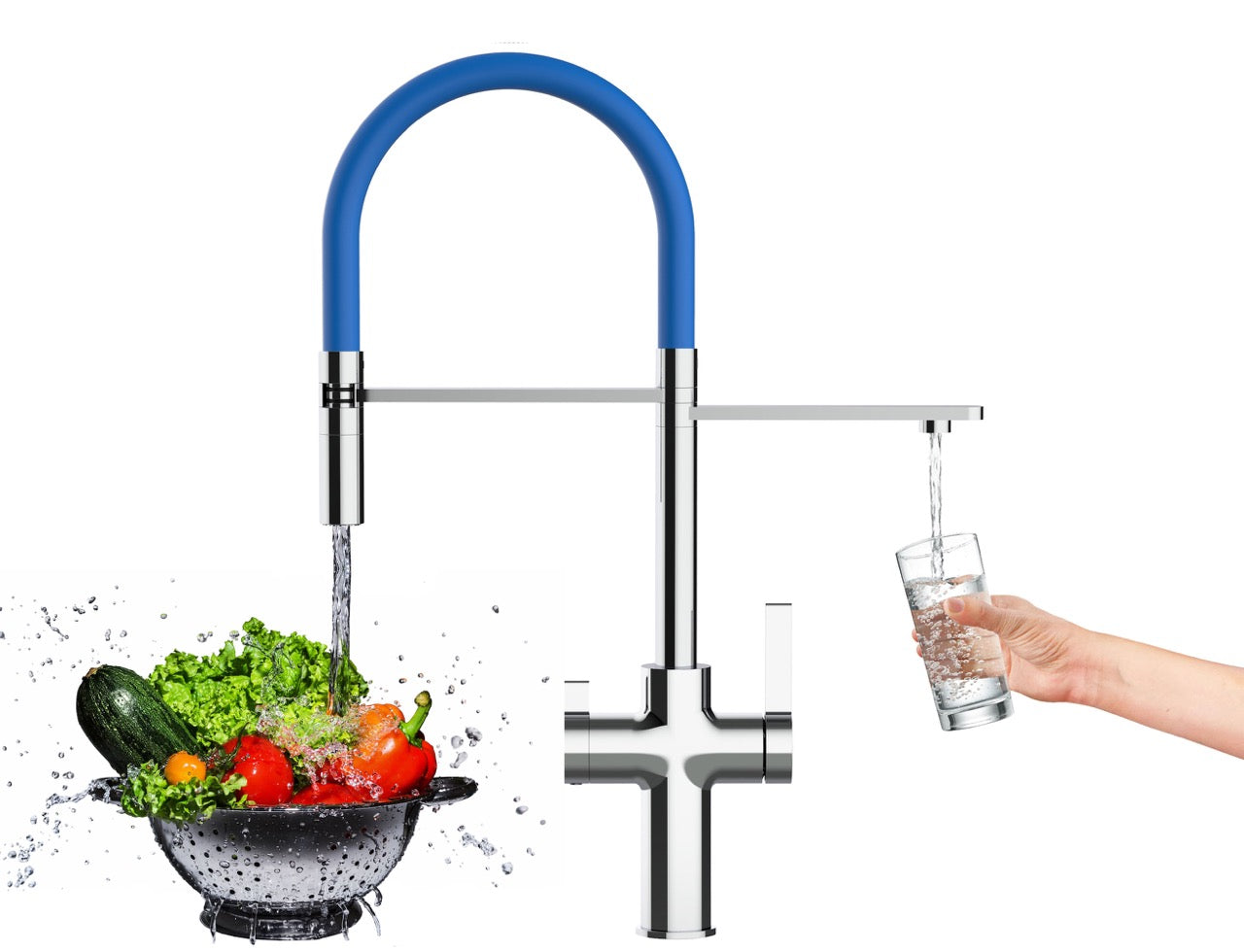 3 Way Kitchen Filter Tap, FC, with 360° swivel spout and 2-jets removable Spray, Chrome / Blue