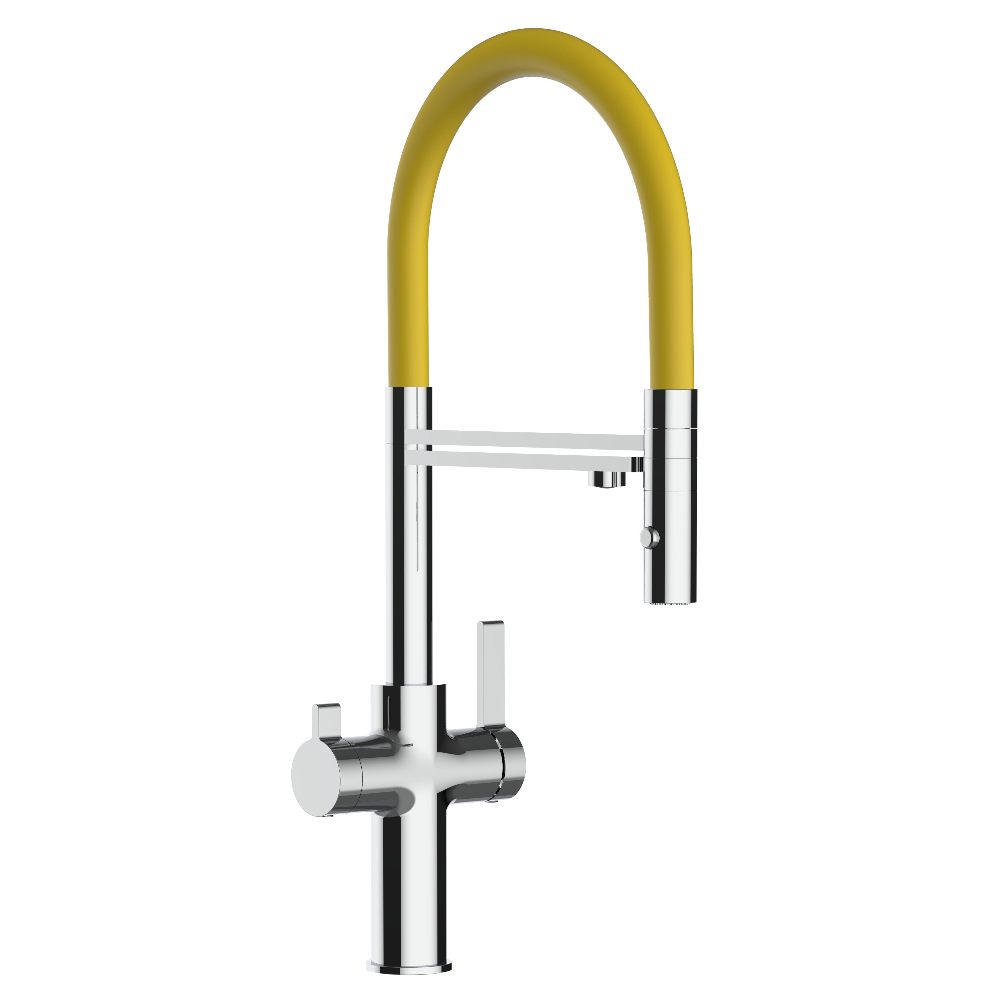 3 Way Kitchen Filter Tap, FC, with 360° swivel spout and 2-jets removable Spray, Chrome / Yellow
