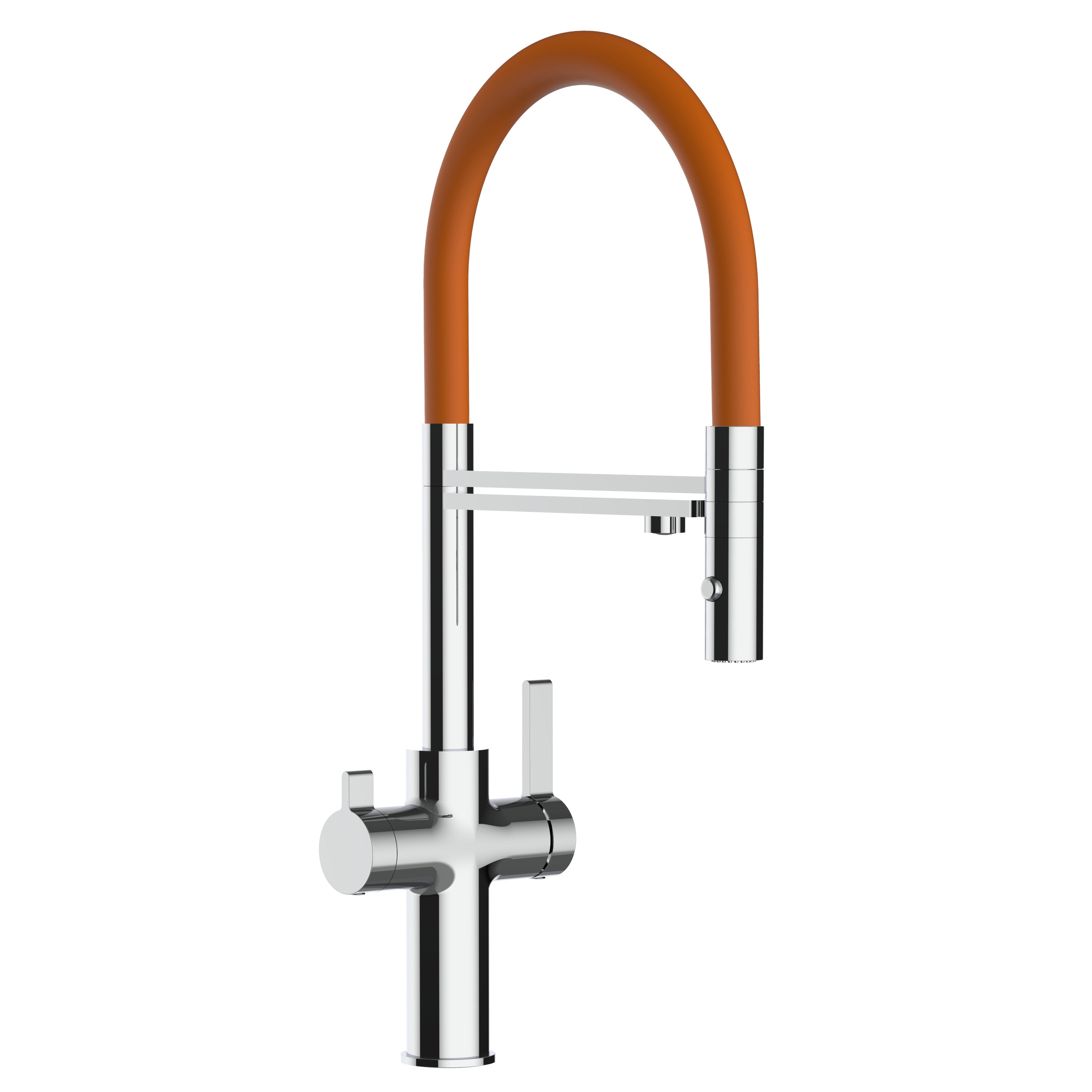 3 Way Kitchen Filter Tap, FC, with 360° swivel spout and 2-jets removable Spray, Chrome / Orange